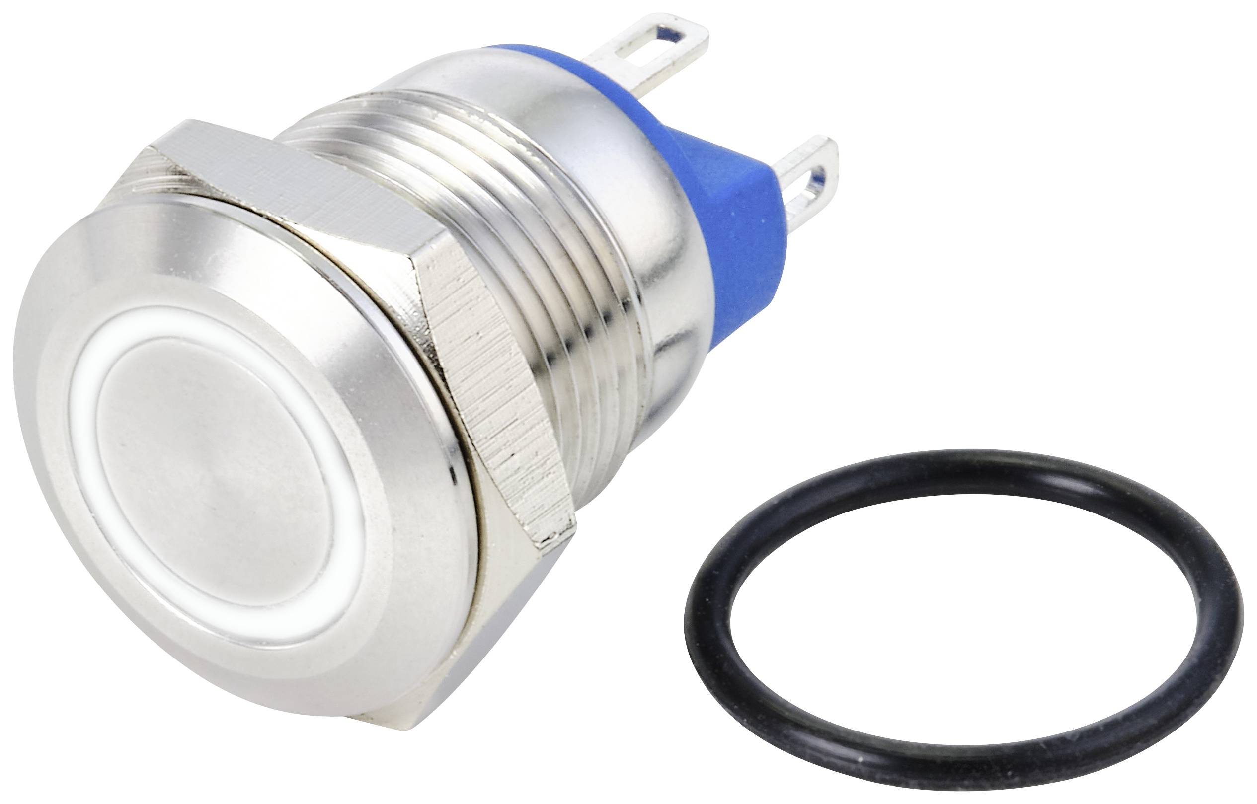 A round, silver push switch with a blue base lies next to a black rubber ring. The switch is suitable for electronic applications.
