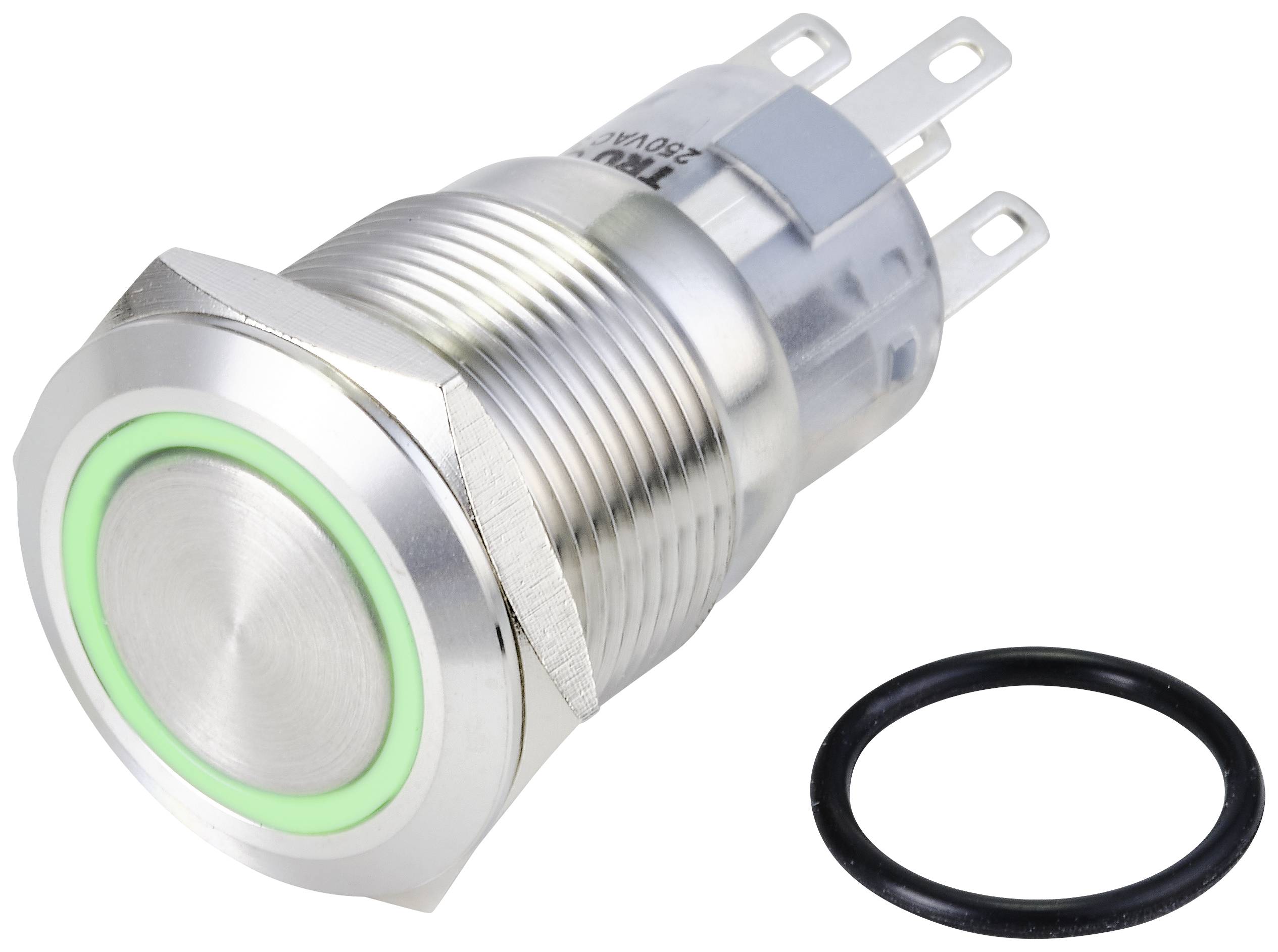 A silver push button with a green LED ring, suitable for operating devices. Beside it lies a black sealing ring.