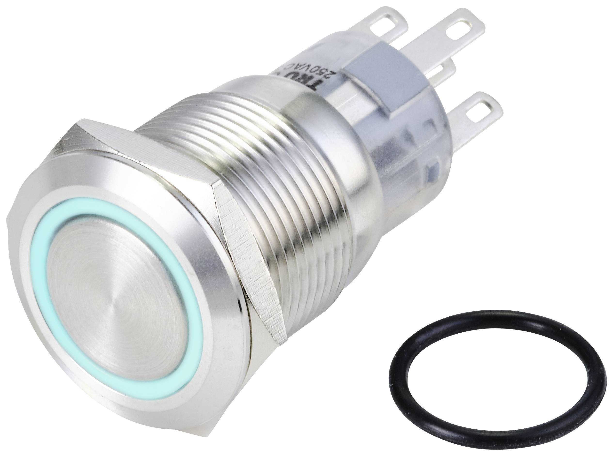 Metal switch with green LED ring, threaded for mounting and three connection terminals. Includes a black sealing rubber.