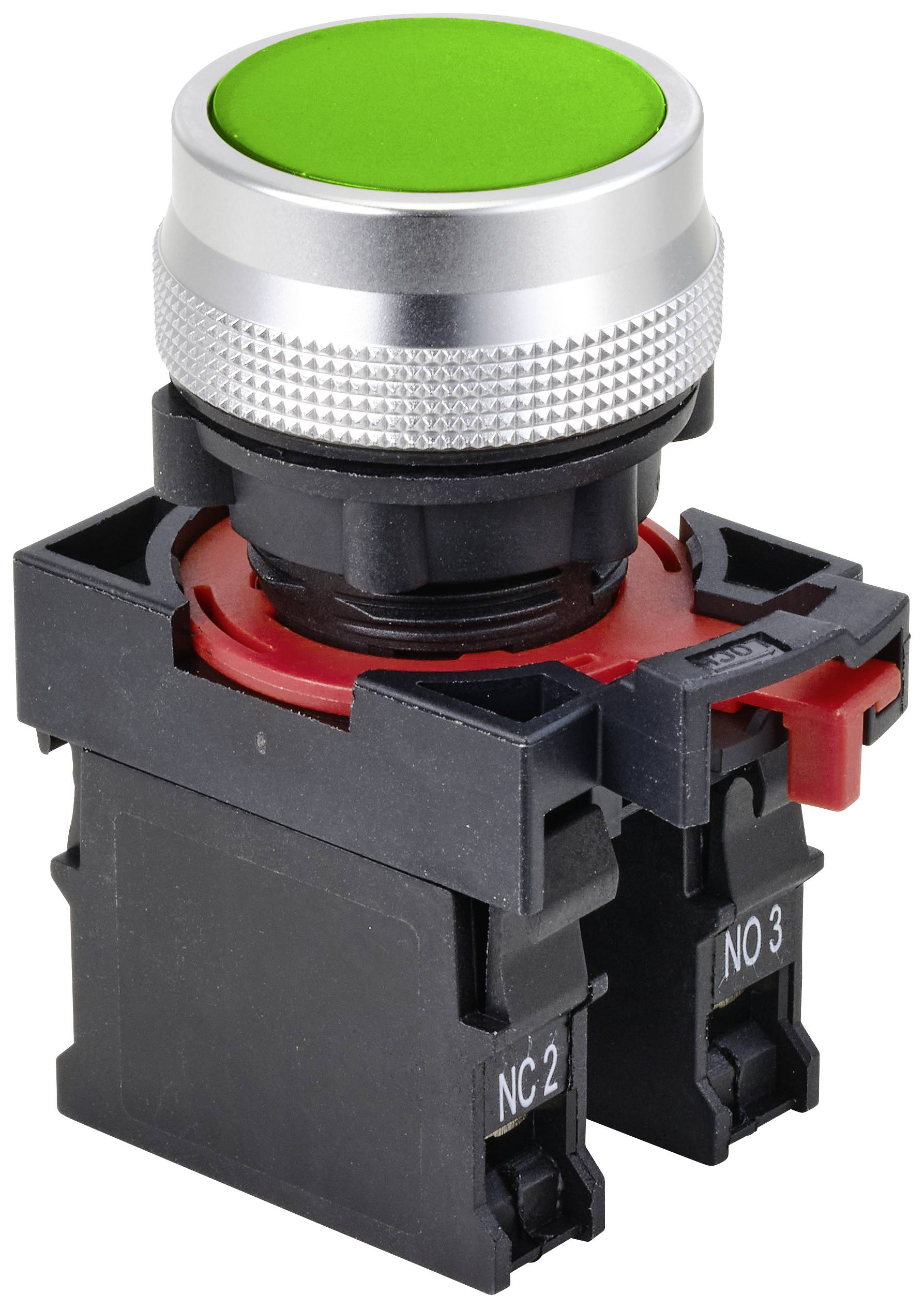 A green push button with a silver rim, mounted on a black base. The switch is labelled 'NC 2' and 'NO 3'.