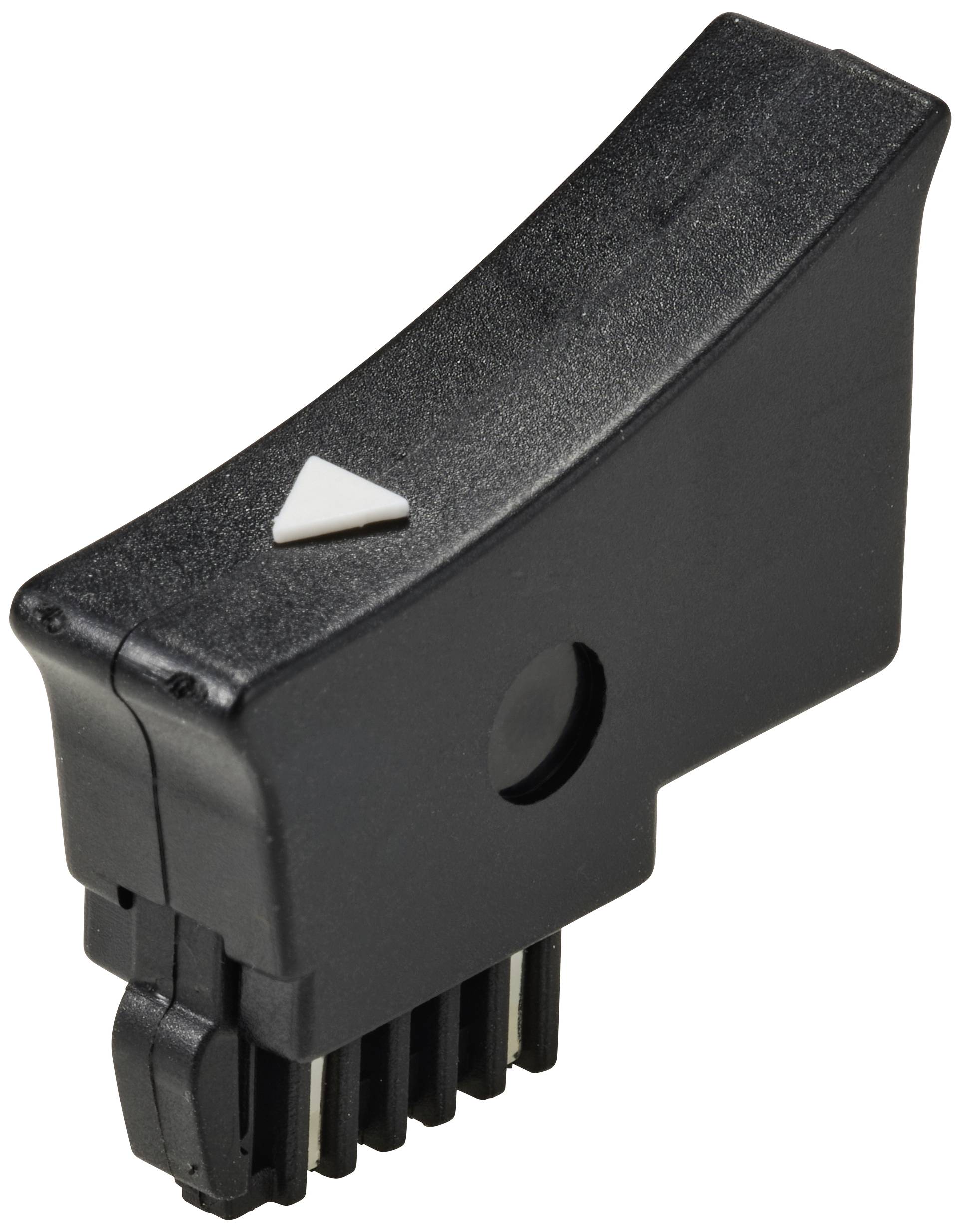 Black shaving head for electric razor with multiple blades and a white triangular symbol.
