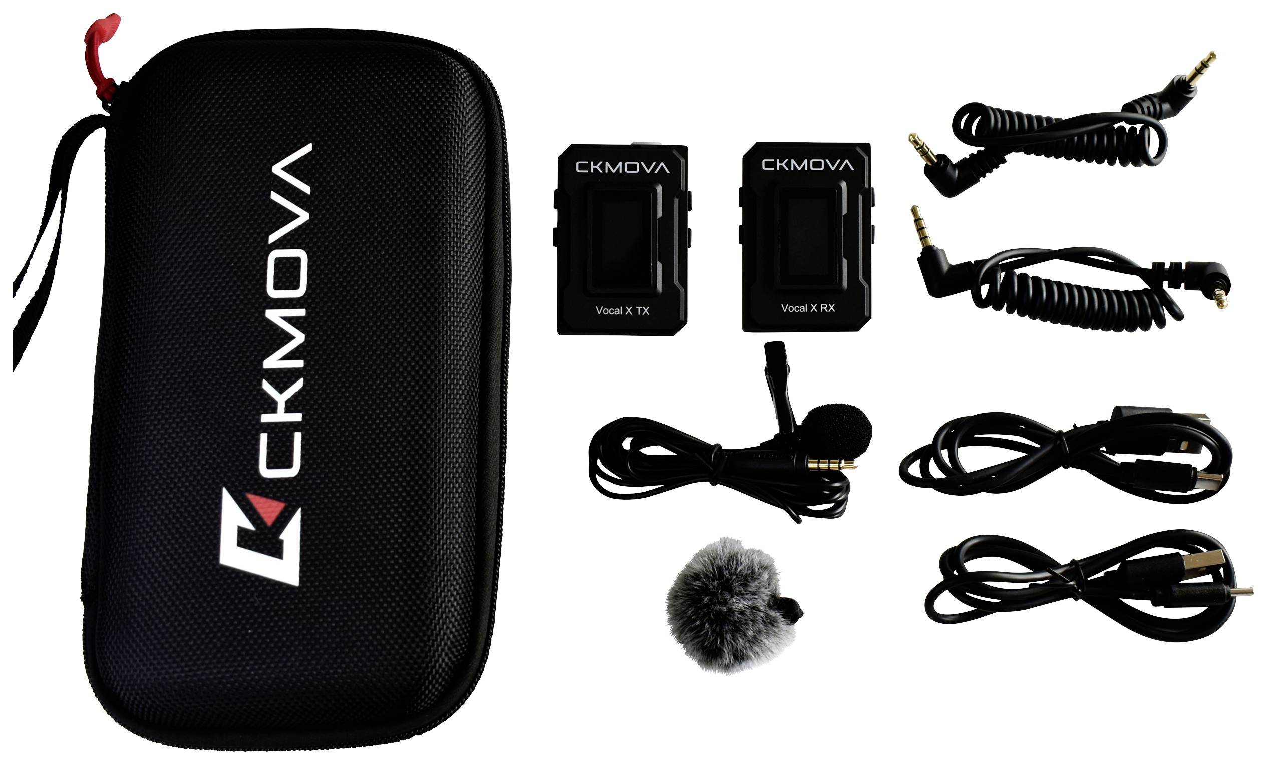 Carry bag with two CKMOVA microphones, cables, and microphone windscreens. Audio recording set, perfect for interviews and videos.