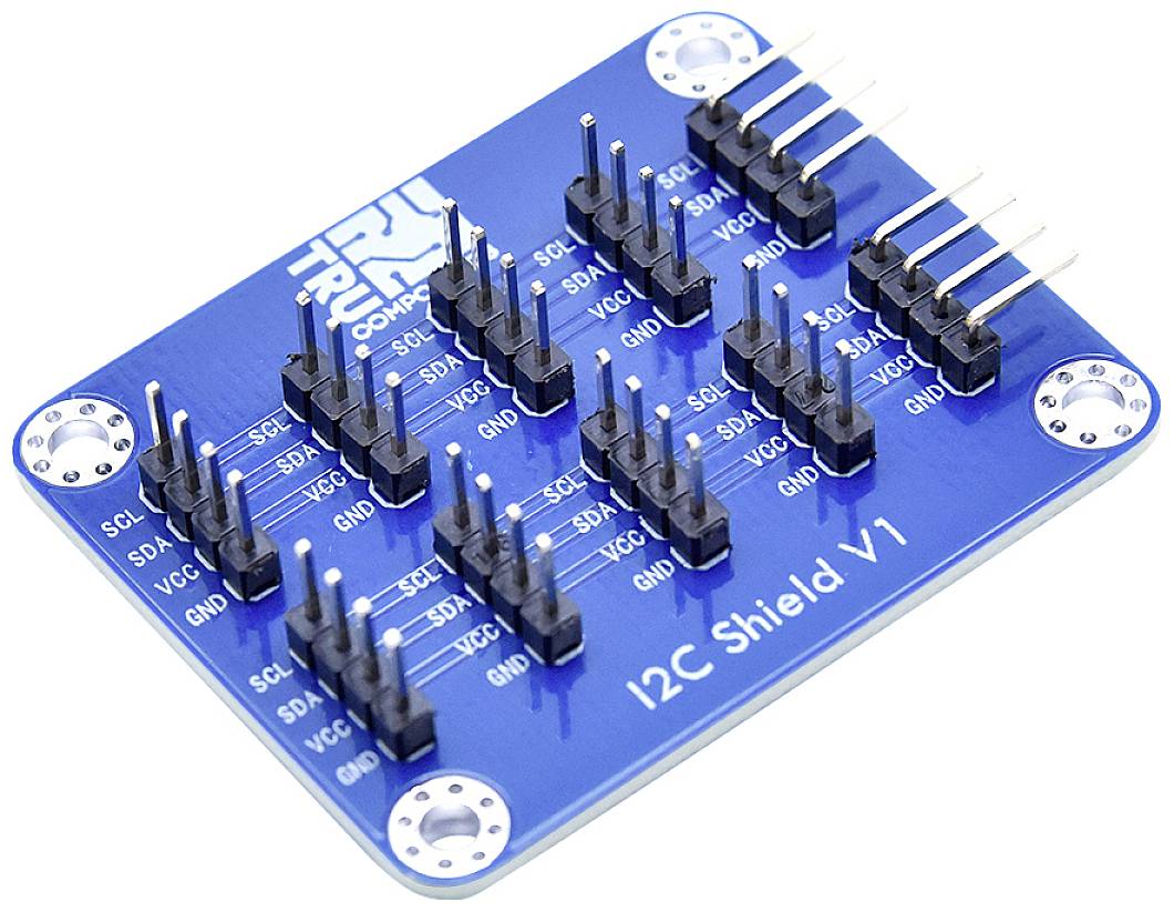 Blue I2C Shield V1 with multiple pin connections for SCL, SDA, VCC and GND, used for connecting I2C devices.