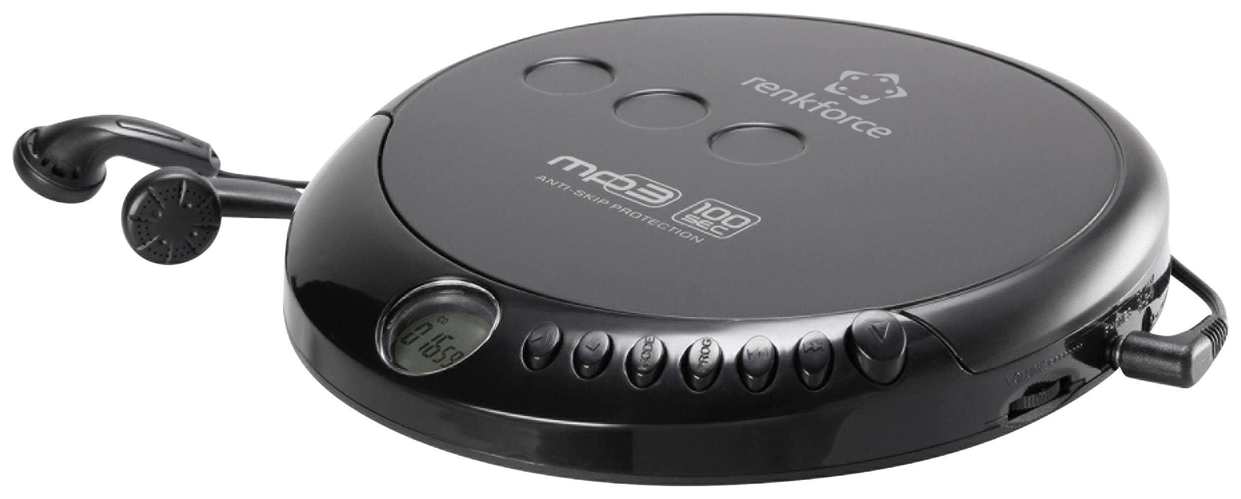 A black portable CD player with MP3 functionality, multiple buttons and a small display. Headphones are connected.