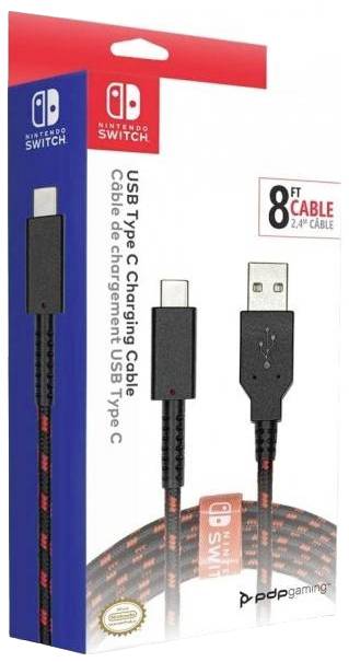 Nintendo Switch charging cable, 2.4 m, USB Type-C to USB Type-A, black and red, in PDP Gaming packaging.