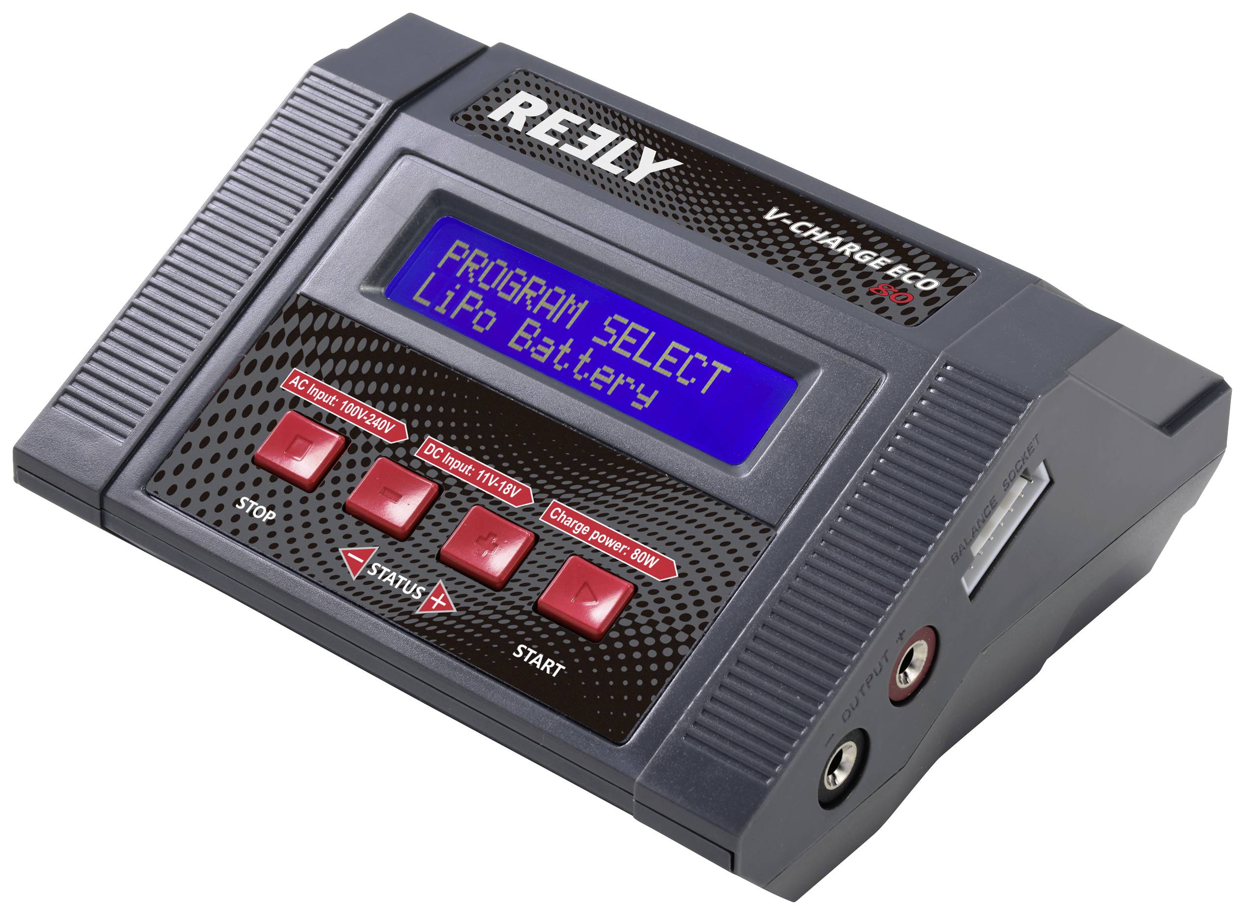 An electronic charger with a digital display shows 'PROGRAM SELECT LiPo Battery'. Several red buttons are visible.