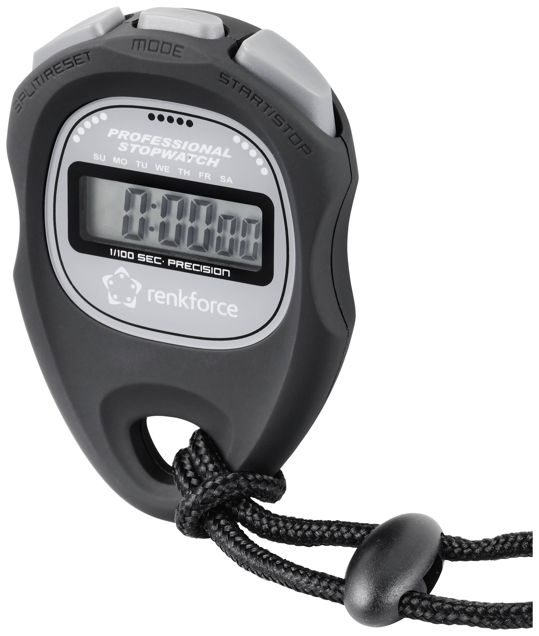 Black stopwatch with display showing '0:00:00'. Functions: Mode, Start/Stop, Split/Reset. Marking: 'rennforce', 1/100 second precision.