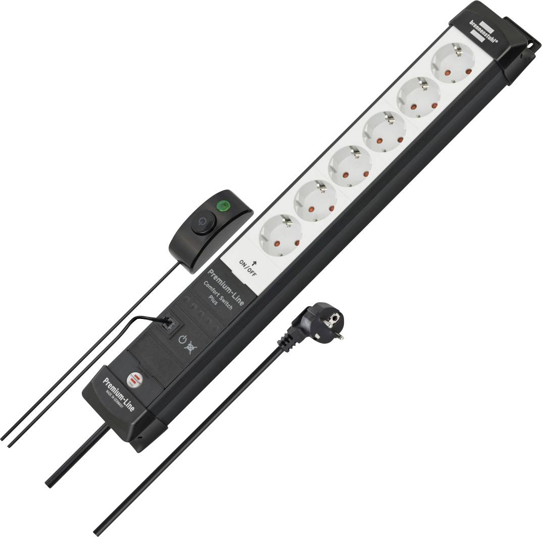 Black power strip with seven outlets, a switch, and a long cord, shown isolated on a white background.