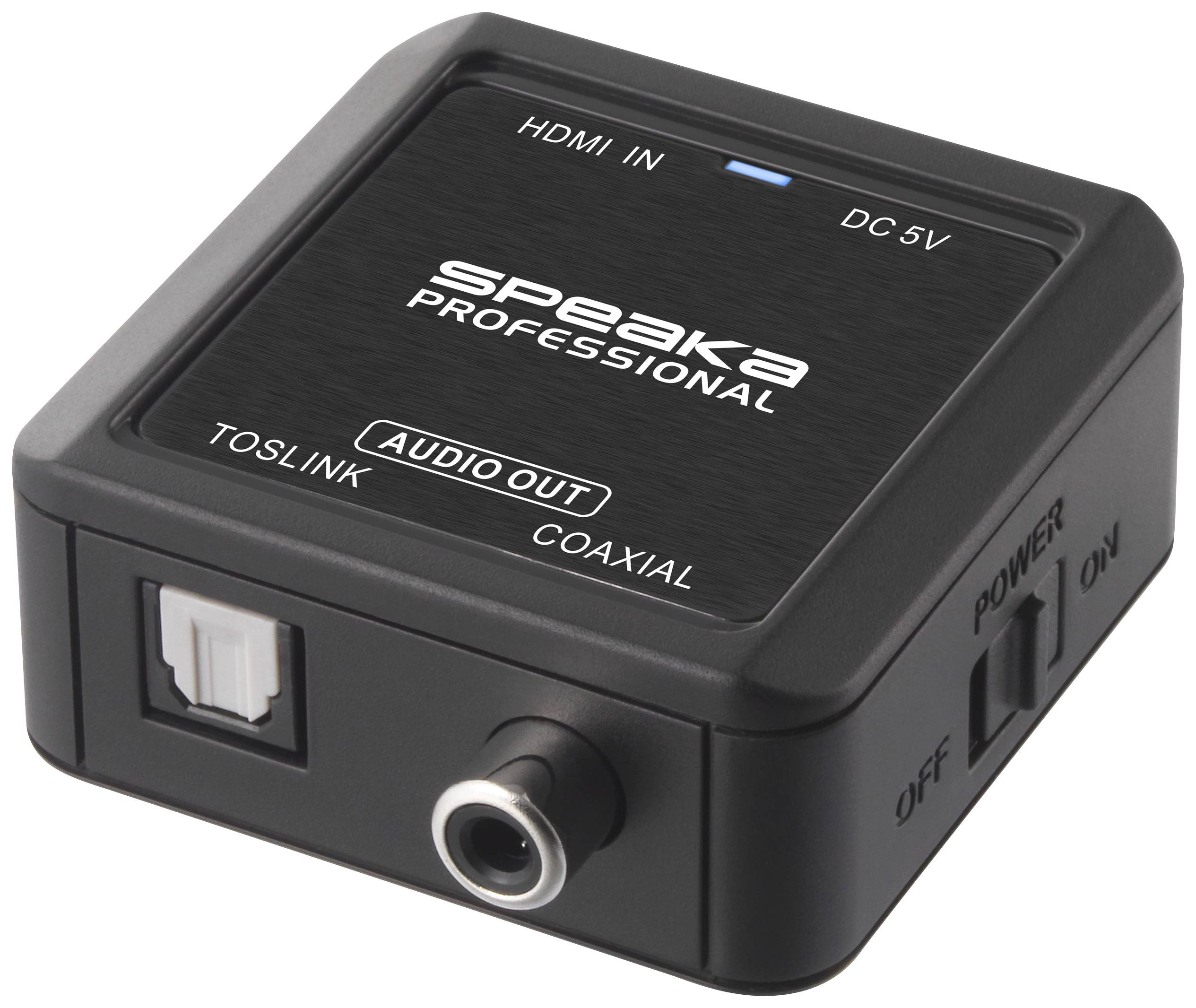 A glossy black digital-to-analogue audio converter with HDMI input, TOSLINK and coaxial audio outputs, and a power switch.