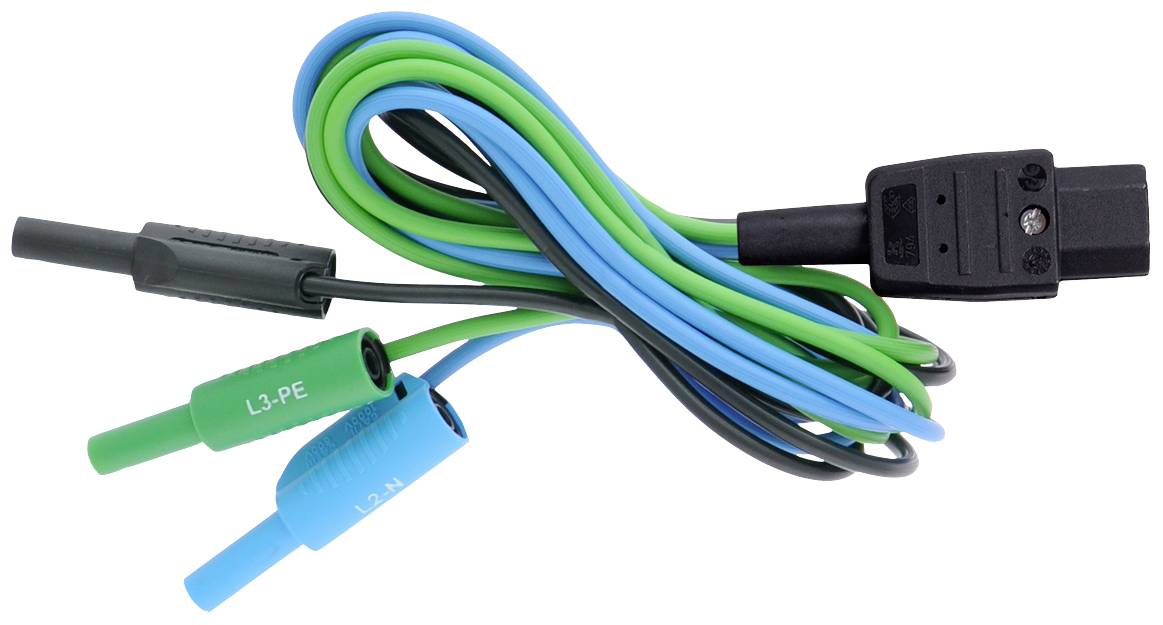 A measuring adapter with four cables: two green, one blue, and one black. The green cables are marked with 'L3-PE' and 'L1-N'.