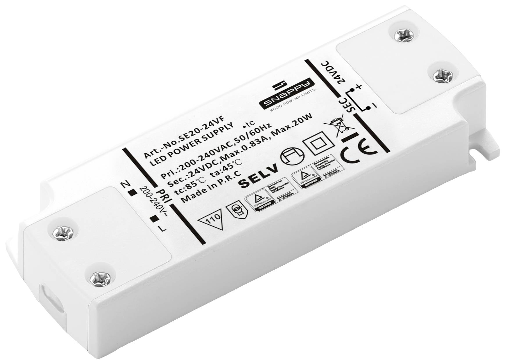 LED power supply for 220-240V with SELV marking, technical details printed. White rectangular housing.