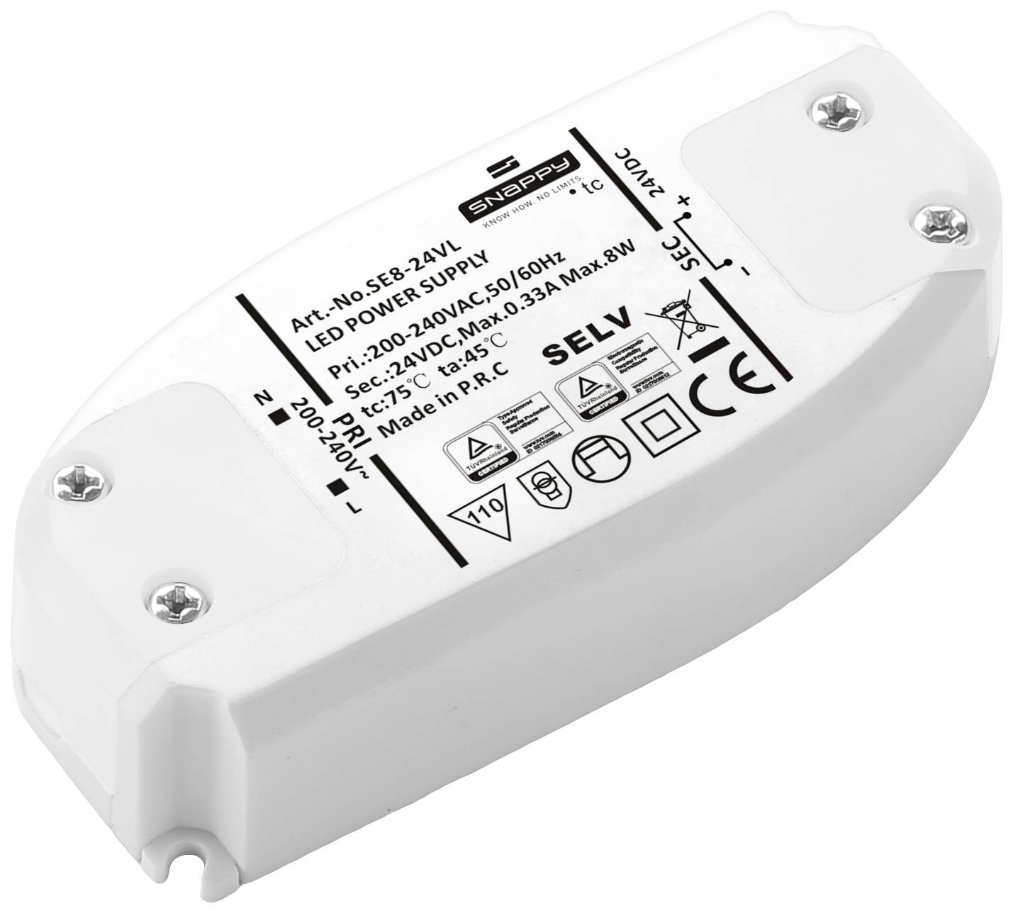 White LED power supply with technical details on the top surface, including model number, voltage input and output specifications.