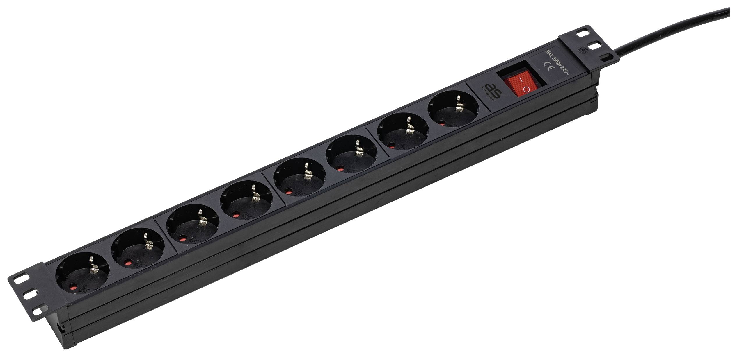 Eight-way power strip with a red on/off switch, black, suitable for power distribution.
