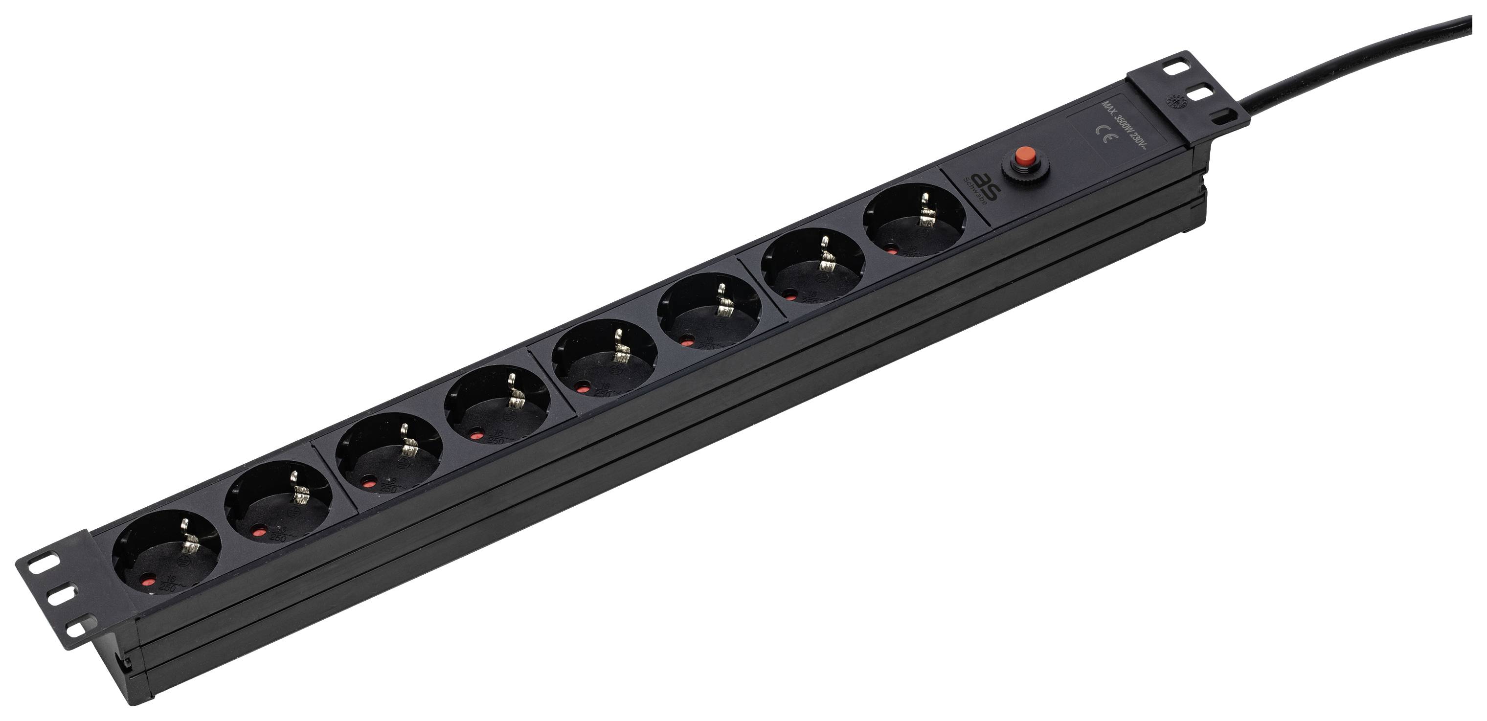 A black eight-socket extension lead with an on/off switch, suitable for connecting multiple devices.