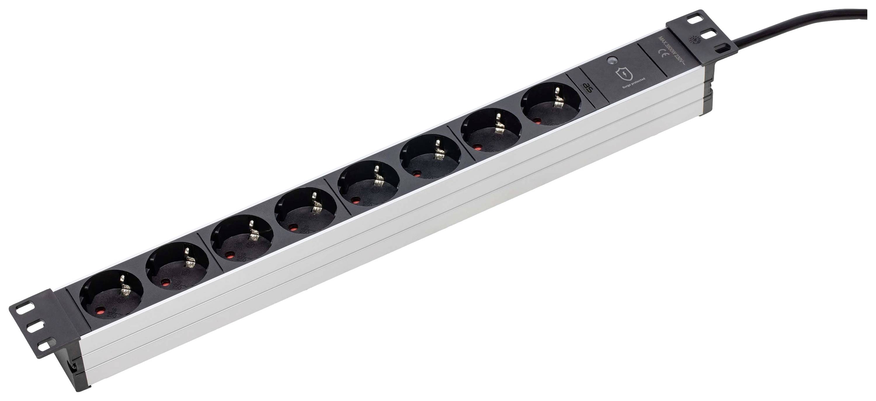 Eight-way power strip with an end switch, suitable for powering multiple electrical devices.