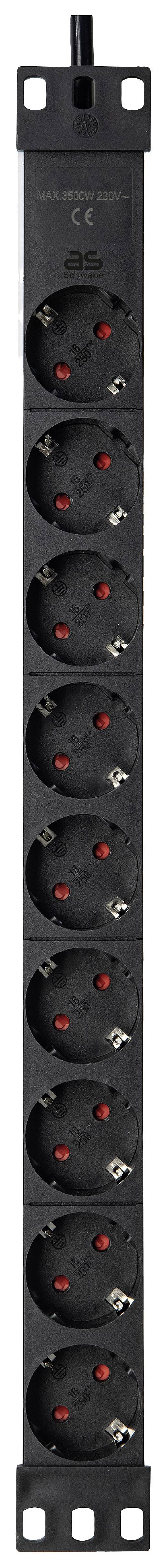 Eight-way black Schuko socket extension with red on/off switch, suitable for connecting multiple devices.