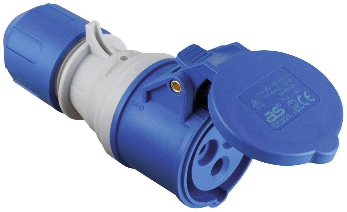 Blue electrical connector with hinged cover, used for industrial applications, identifiable by blue and white components.