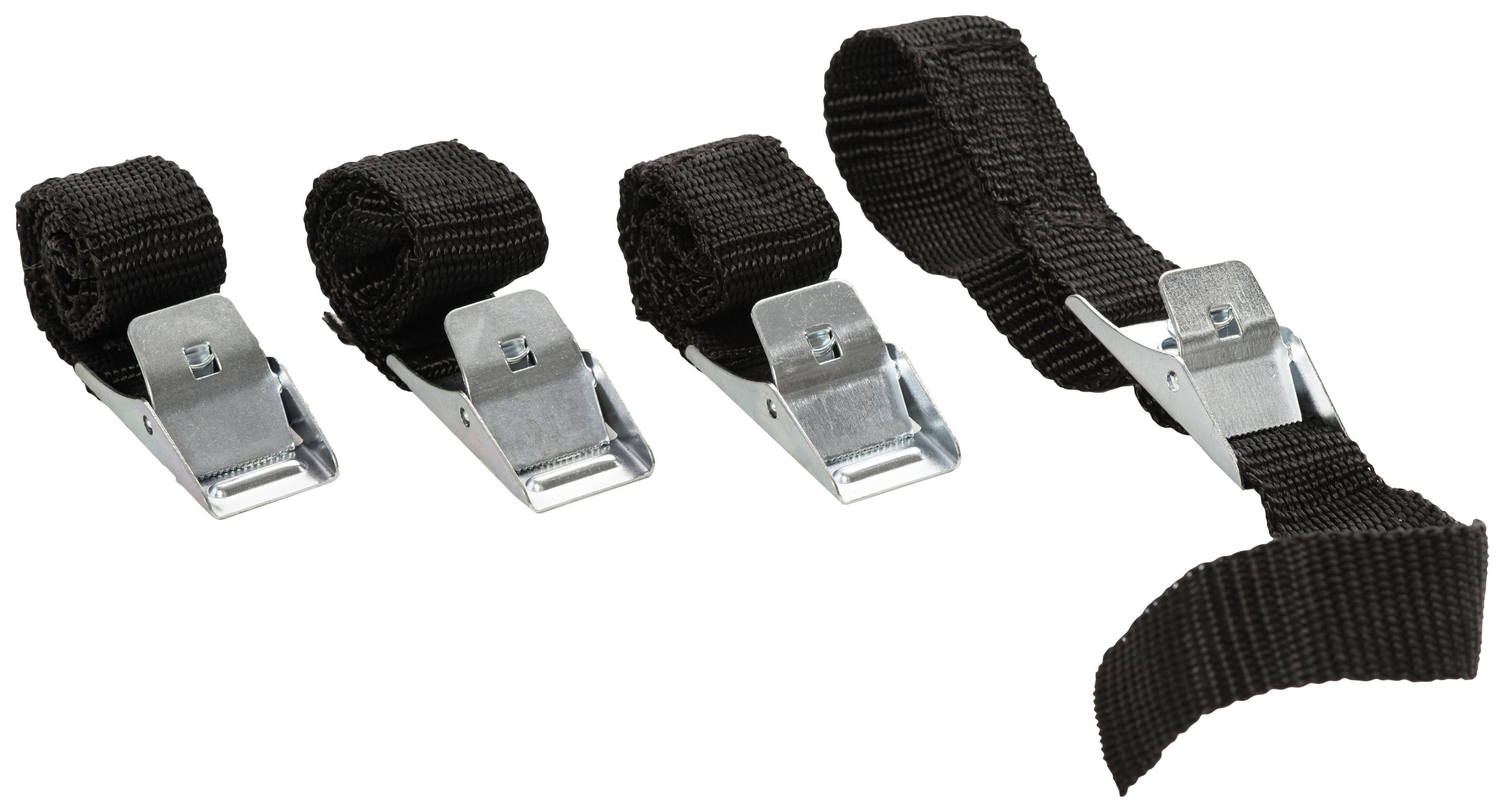 Four black ratchet straps in various lengths with metallic tensioning buckles, placed side by side.