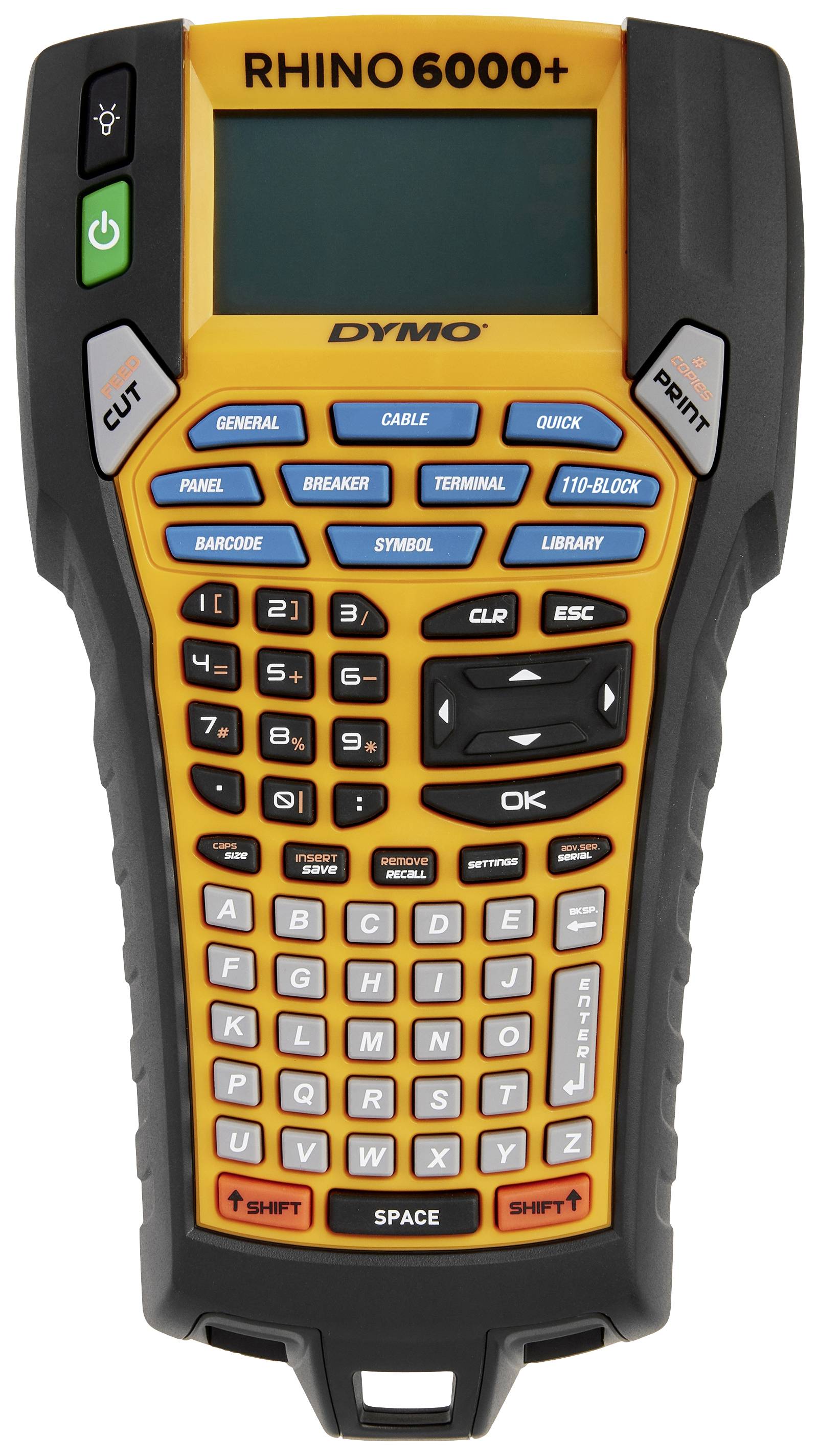 A portable labelling device with a yellow casing and black border, featuring an LCD screen and a keyboard with alphanumeric keys.