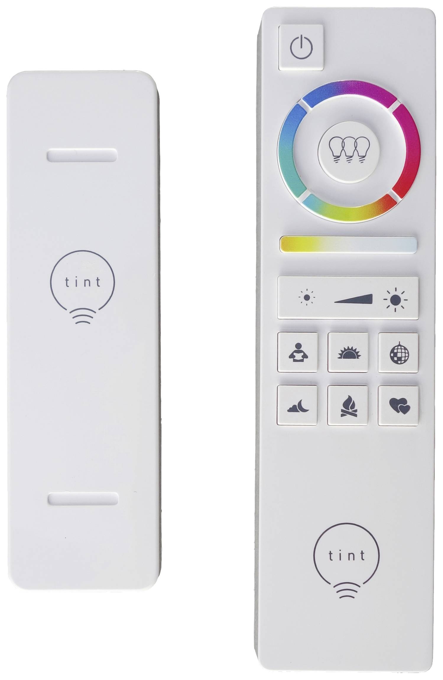'White remote control with colour wheel and symbol buttons for light modes. 'Tint' logo displays brand name. Used for controlling smart lighting.'