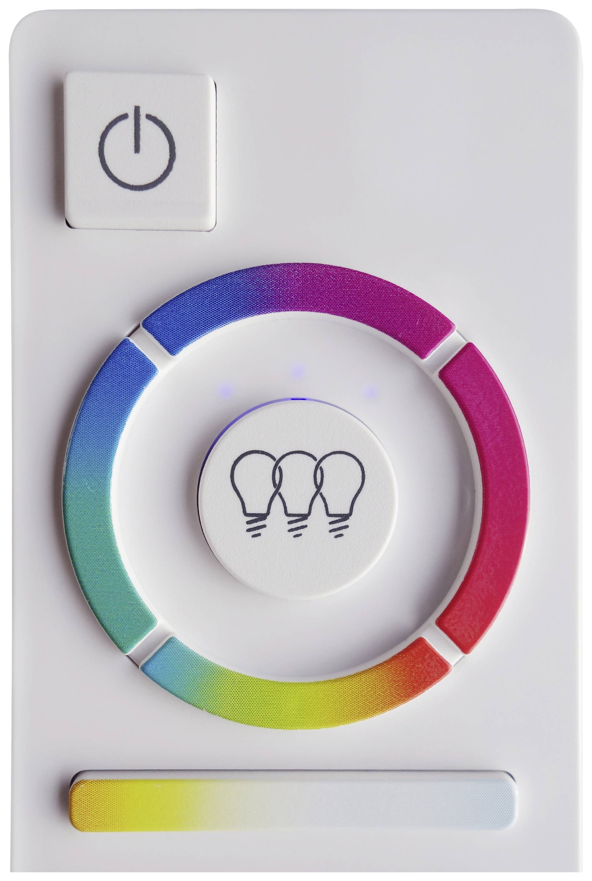 A colour control device for lighting with an on/off switch, a coloured ring for selecting the light colour, and a sliding control.