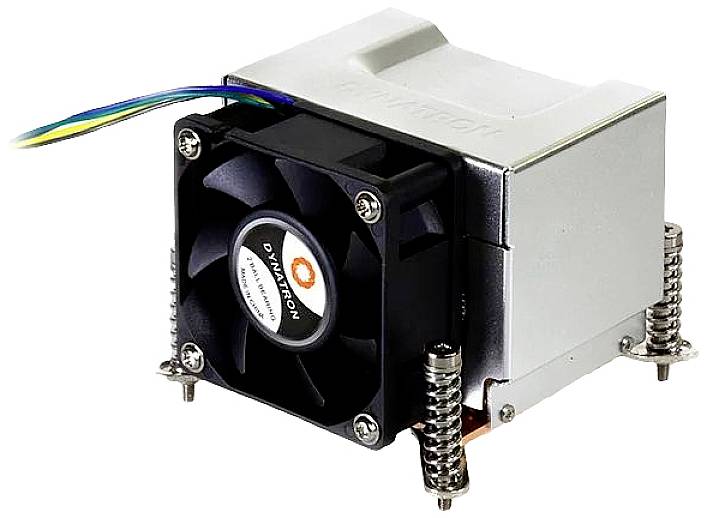 Small, square fan with metal casing and four coloured wires. Mounted on a heatsink with springs at the corners.