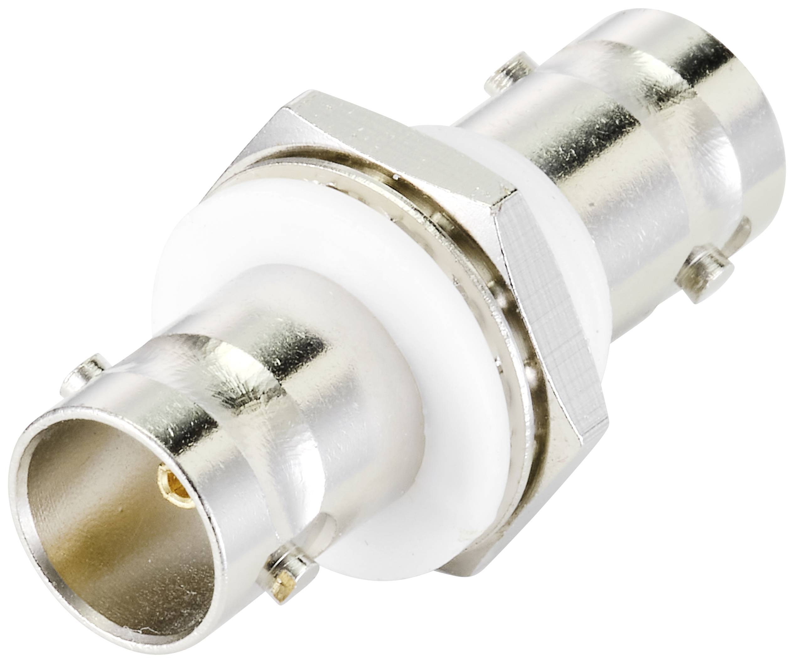 Metal BNC coupler with two sockets, used for connecting coaxial cables in data transmission systems.
