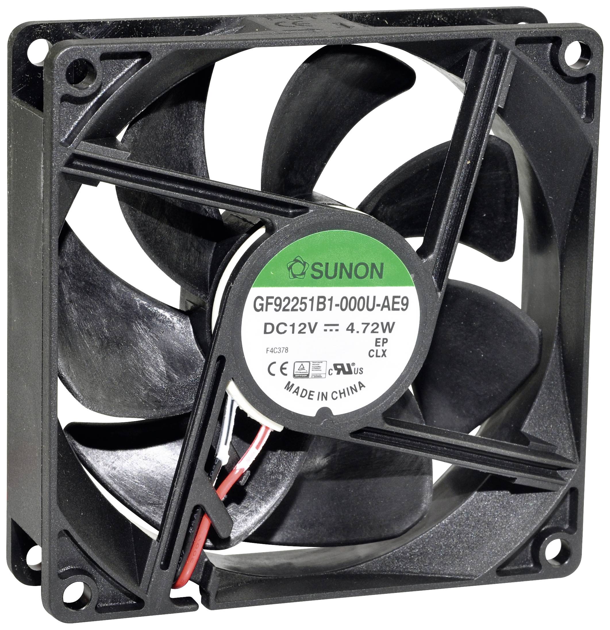 Black fan with five blades, inscription 'GF92251B1-000U-AE9', DC12V, 4.72W. Model by SUNON, manufactured in China.