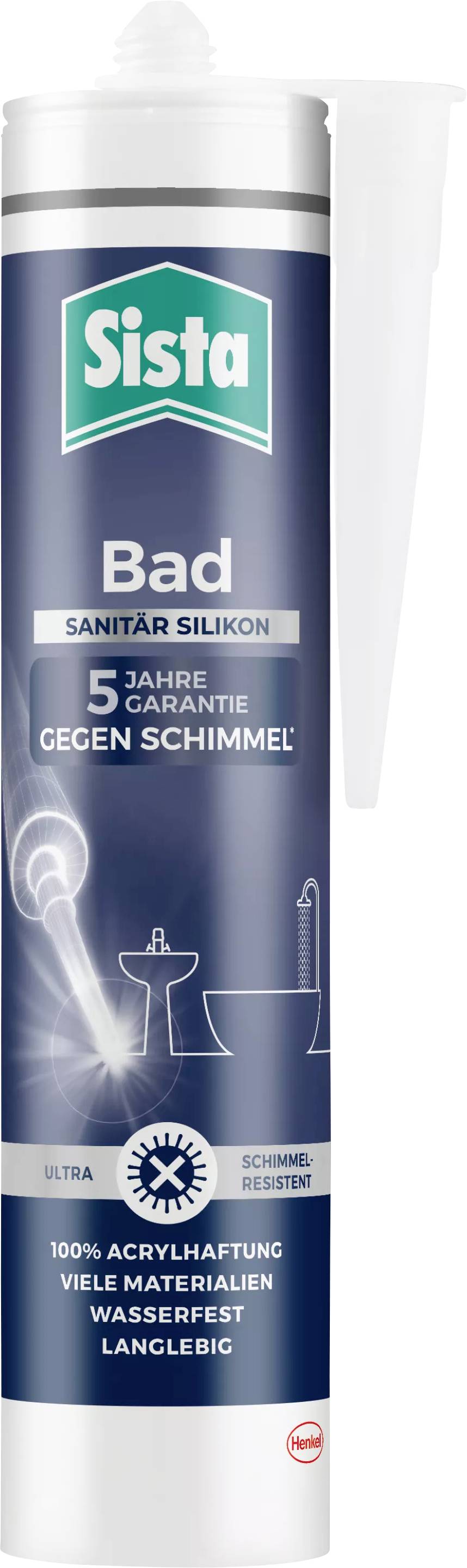 'Sanitary Silicone' cartridge with inscription '5 Years Guarantee Against Mould'. Symbols for bathroom fittings are depicted.