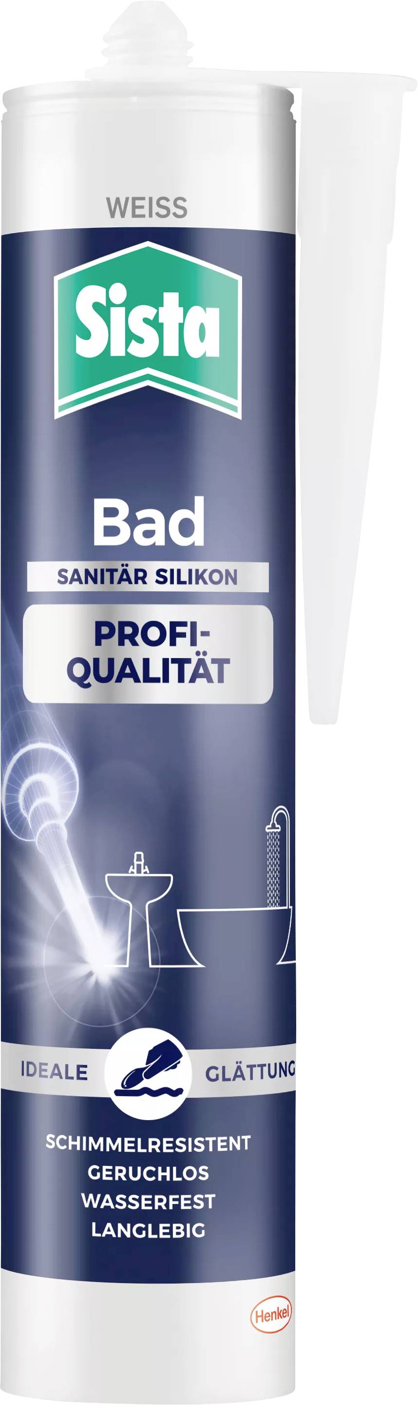 White silicone for bathroom applications, ideal for smoothing, mould-resistant, odourless, waterproof and long-lasting, professional quality.