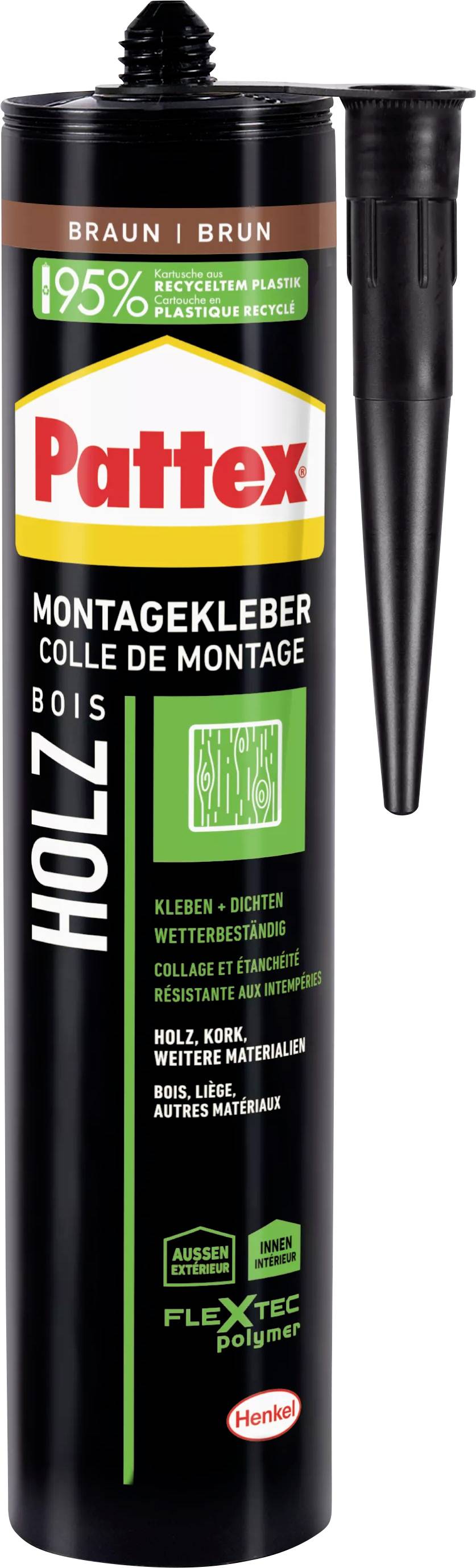 A black cartridge of Pattex mounting adhesive for wood, displaying text '95% recycled plastic nozzle', with a green and red label design.
