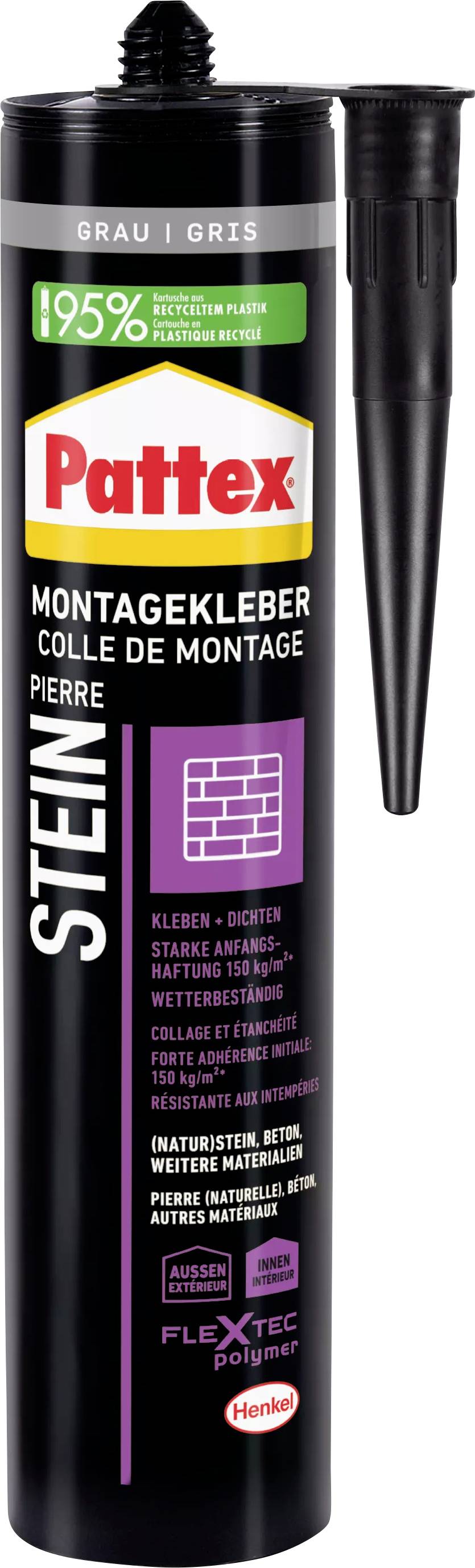 Black Pattex mounting can with red logo and 'Stone' inscription. Contains adhesive description for stone and mounting work. Plastic nozzle on the right.
