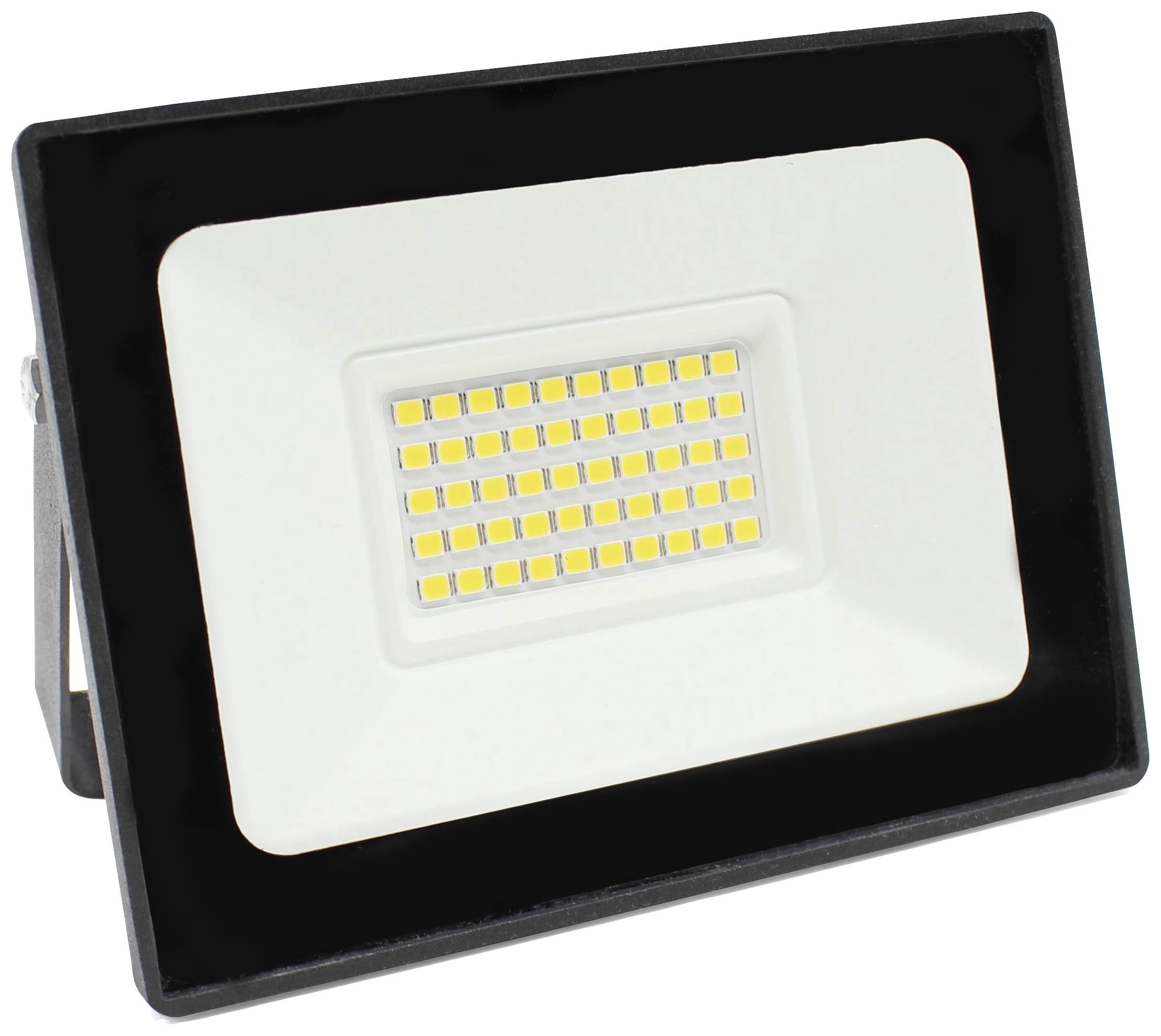 A rectangular LED floodlight with numerous small yellow LEDs on a white background, surrounded by a black frame.