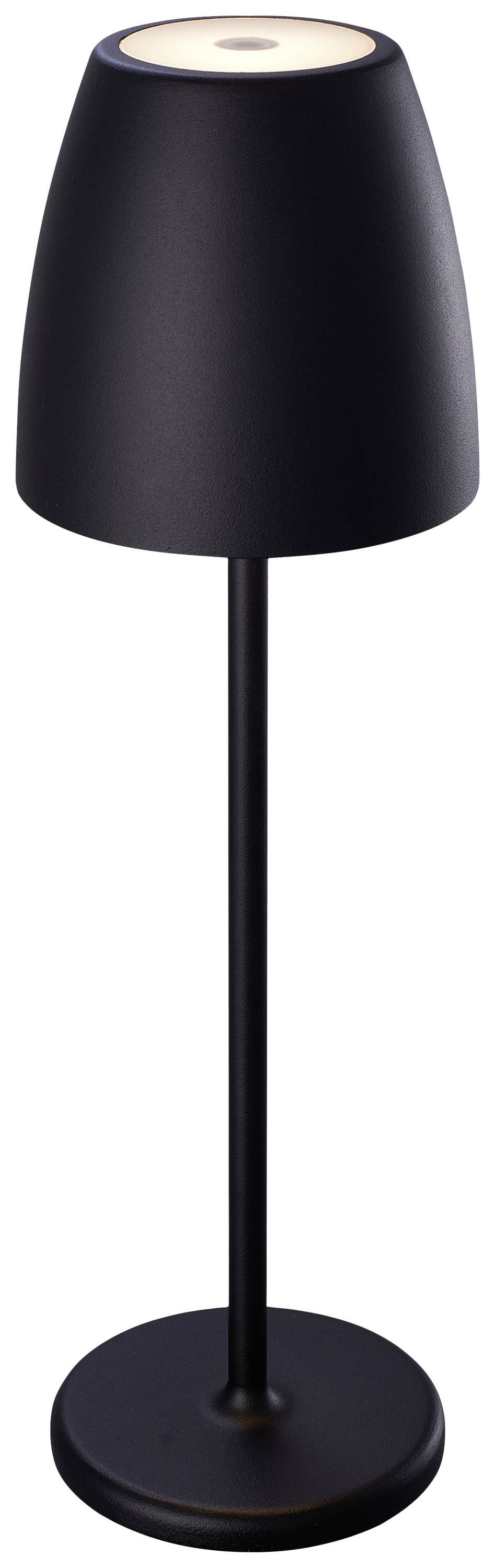 Black table lamp with a modern, minimalist design. Cylindrical lampshade and round base on a slender stand.