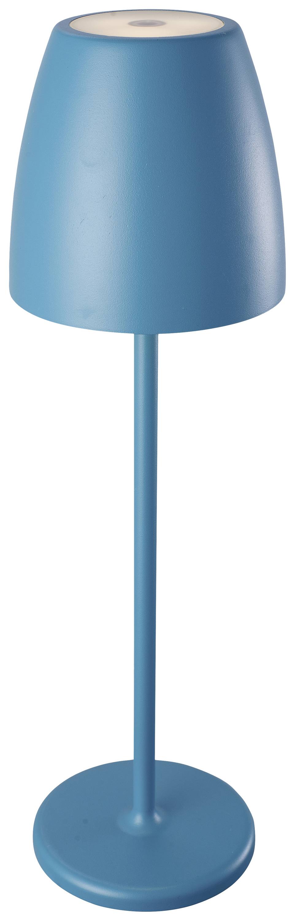 A sleek, modern table lamp in blue with a round base and a cylindrical lampshade.