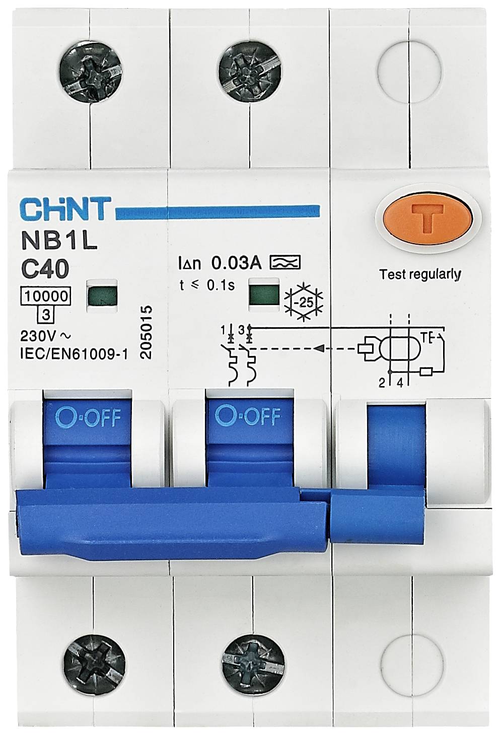 A three-pole circuit breaker by Chint, model NB1L C40, suitable for 230V, with test button and blue switches.