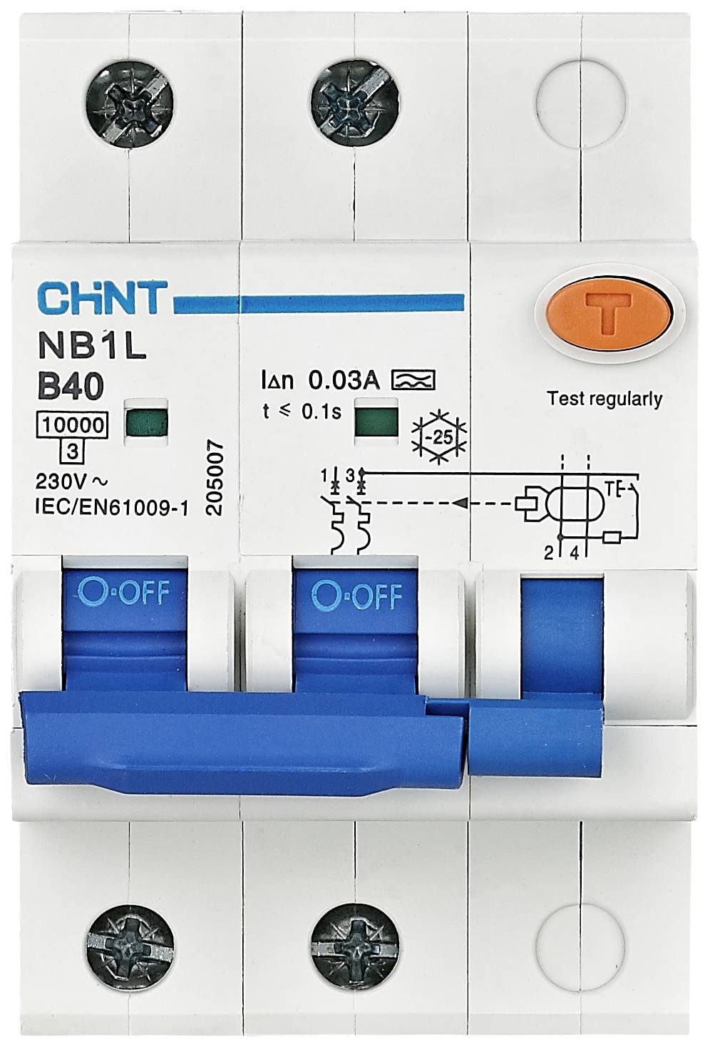 A three-pole circuit breaker for 230V, with blue switches and safety markings.