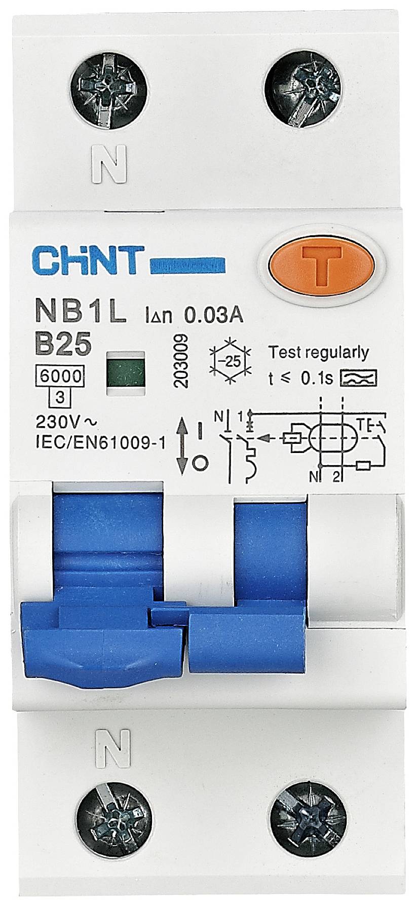 A two-pole residual current device (RCD) by the brand CHNT. Model NB1L, 25 Amperes, 30 mA rated fault current tripping level.