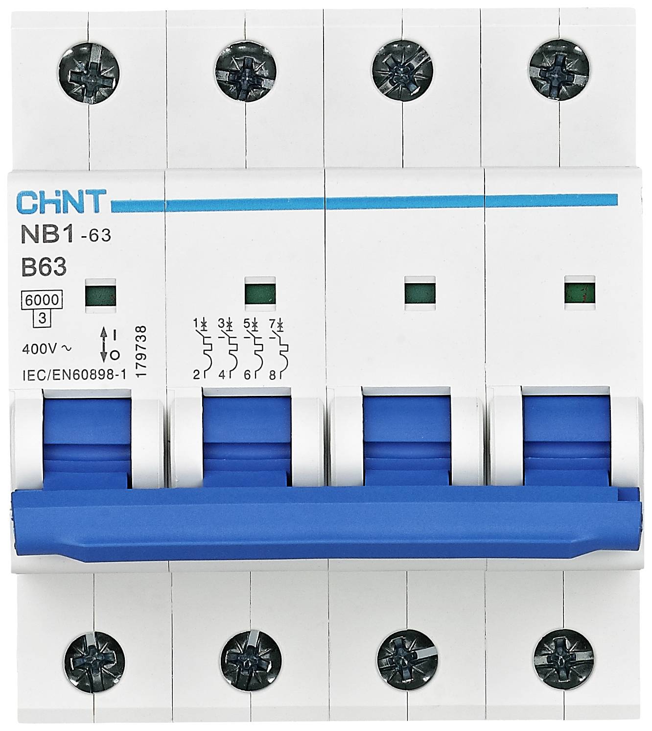A blue circuit breaker switch with the inscription 'Chint NB1-63 B63'. Suitable for 400V, with a 6000 ampere breaking capacity.