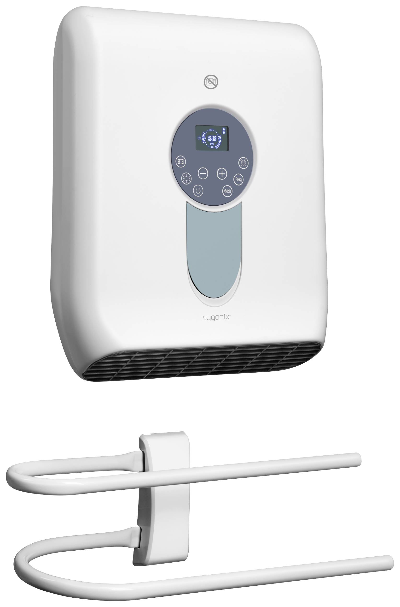 An electric hand dryer with a digital display and circular control buttons, including a hand-shaped holder for mounting.