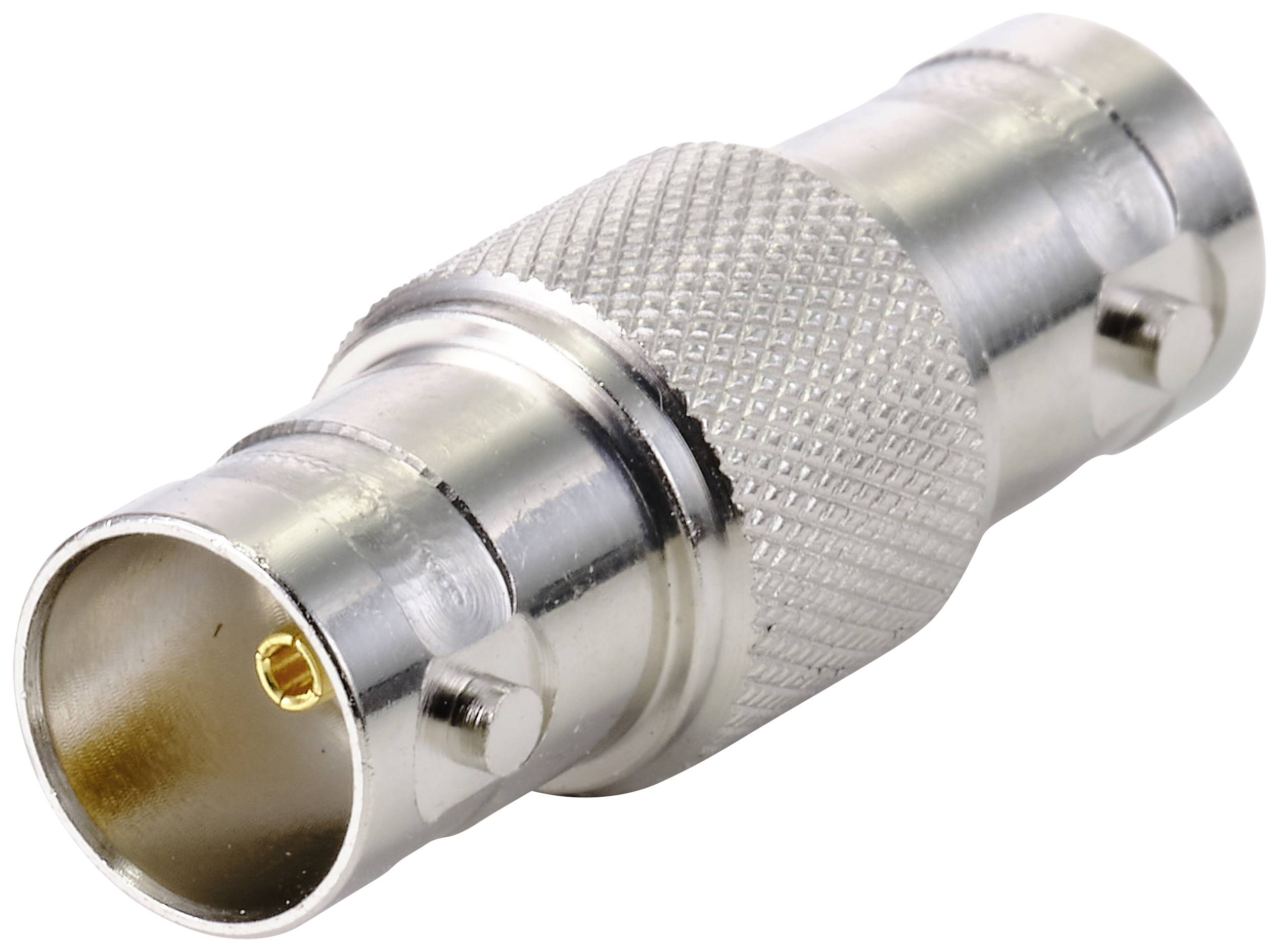 A silver BNC plug adapter with a knurled grip. It is frequently used for coaxial cable connections in audio and video technology.