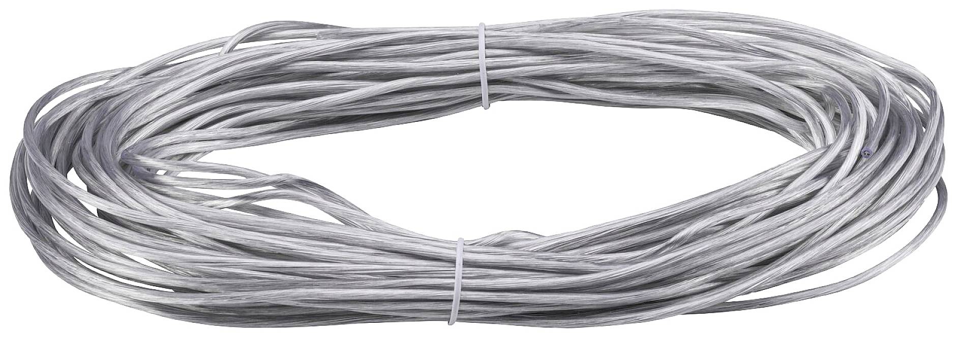 A reel of silver wire, tightly wound and secured with two white cable ties.