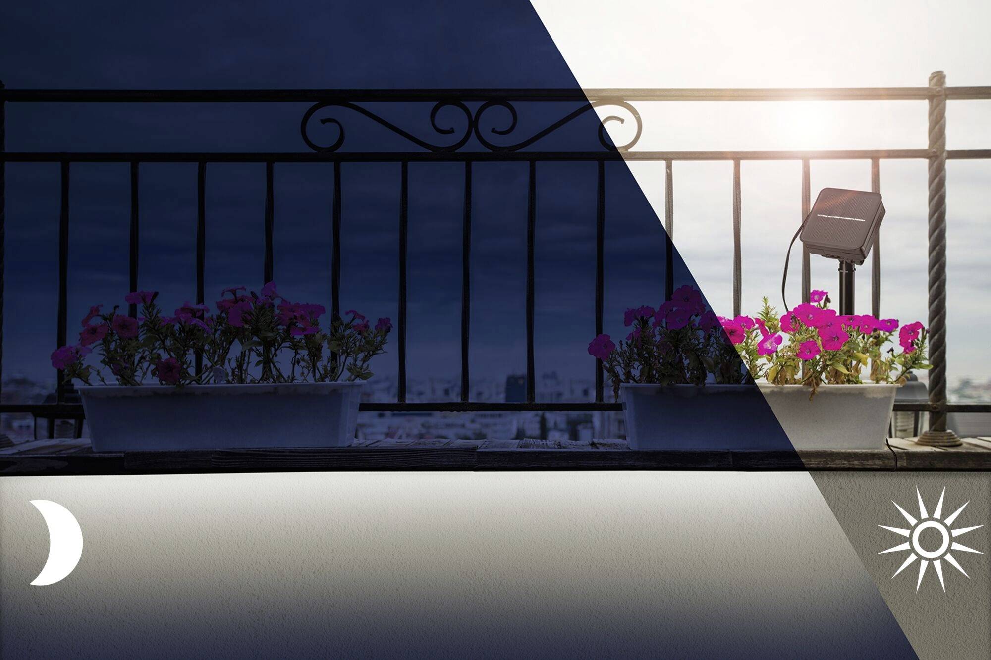 A balcony with flower boxes; on the left at night with a moon symbol, on the right during the day with a sun symbol. A lamp illuminates the flowers during daylight hours.