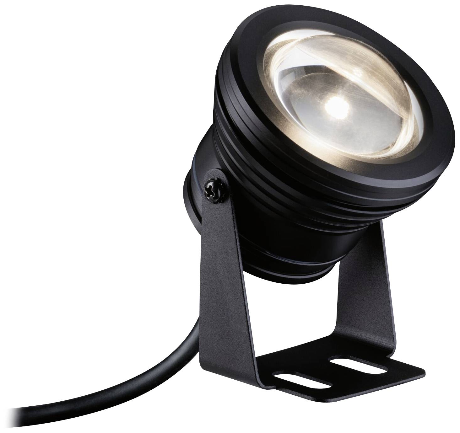 Black LED floodlight with cable, suitable for outdoor lighting.