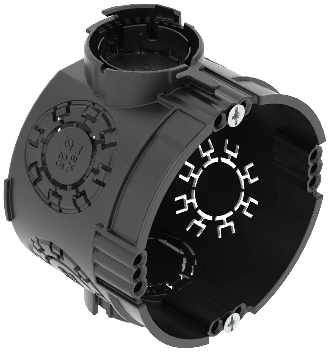 A black, cylindrical plastic component with screws and openings, likely a mounting box or bracket in a technical environment.