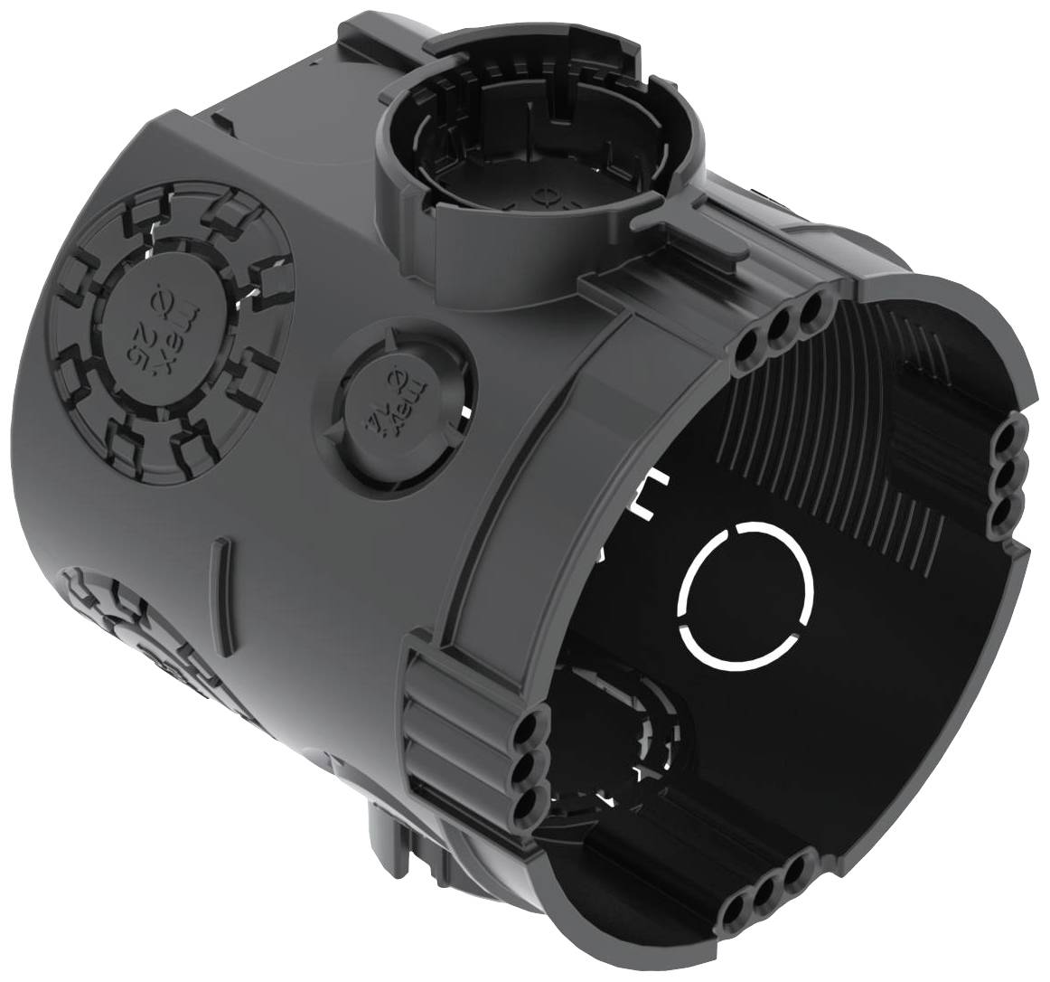 Black plastic junction box with side openings, suitable for flush-mounting electrical components.