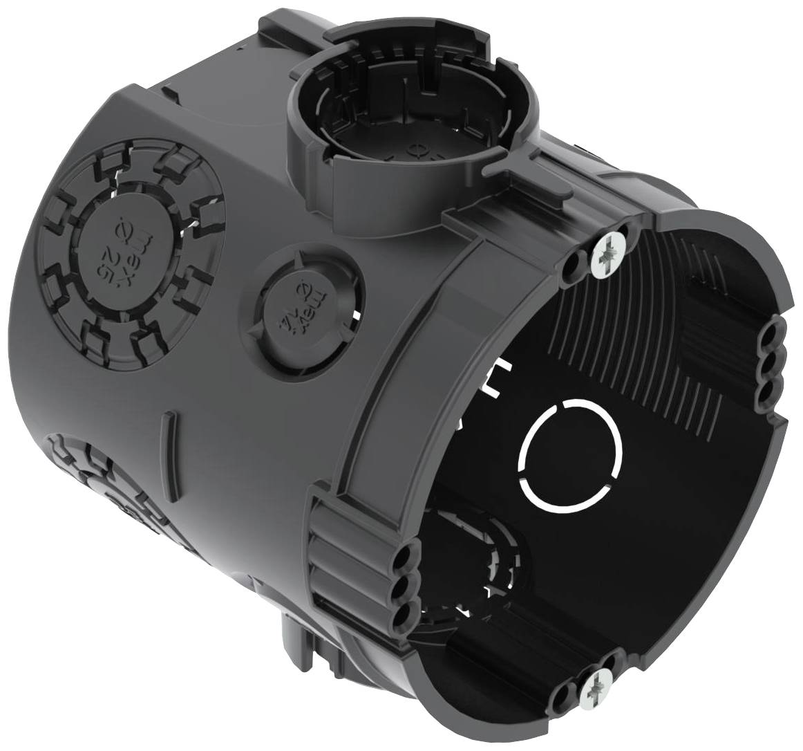 Black, cylindrical electrical junction box with multiple outlets and mounting elements, suitable for wall installations.