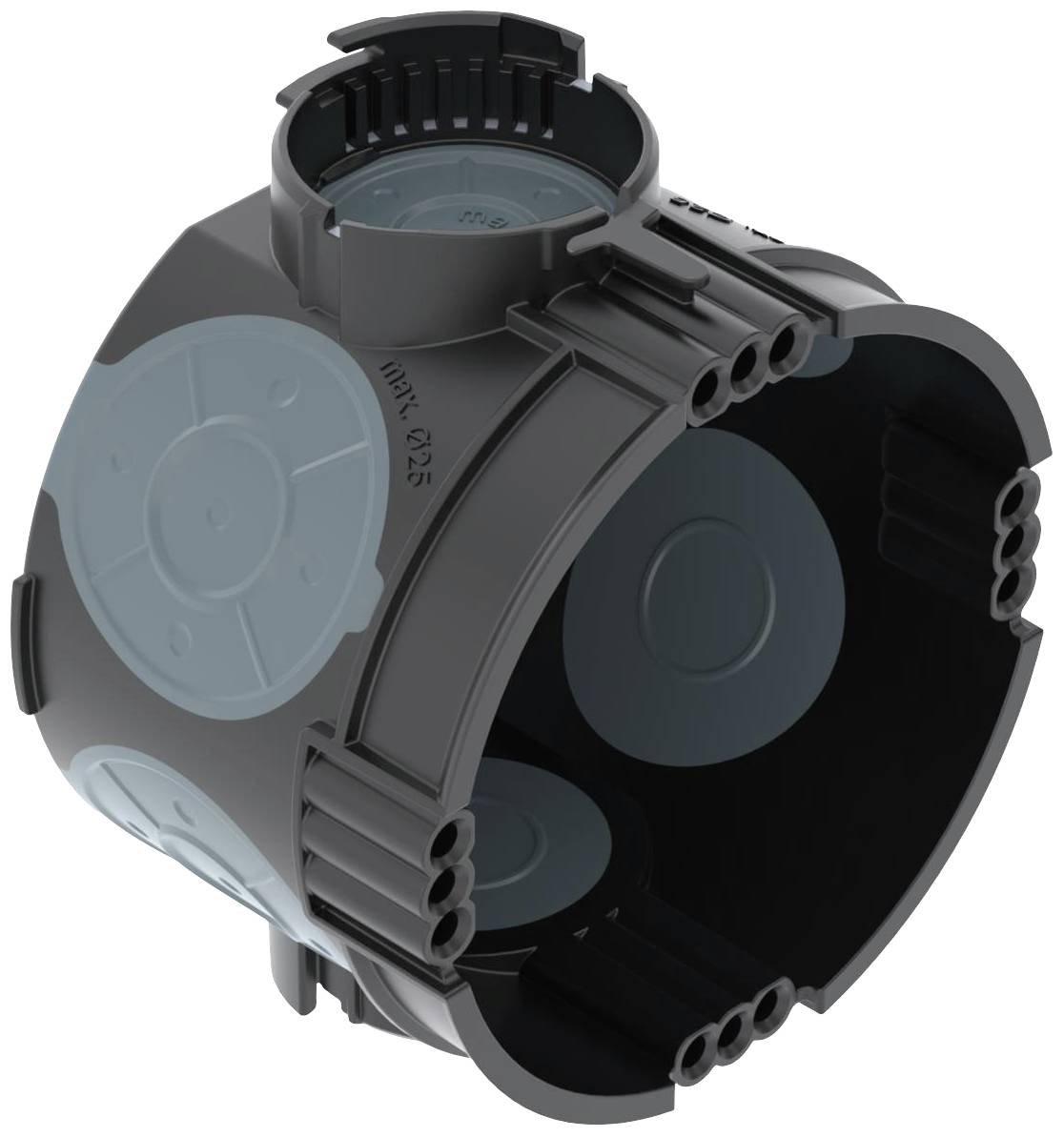 Round black plastic installation box with side openings and blue covers. Suitable for electrical installations in walls.