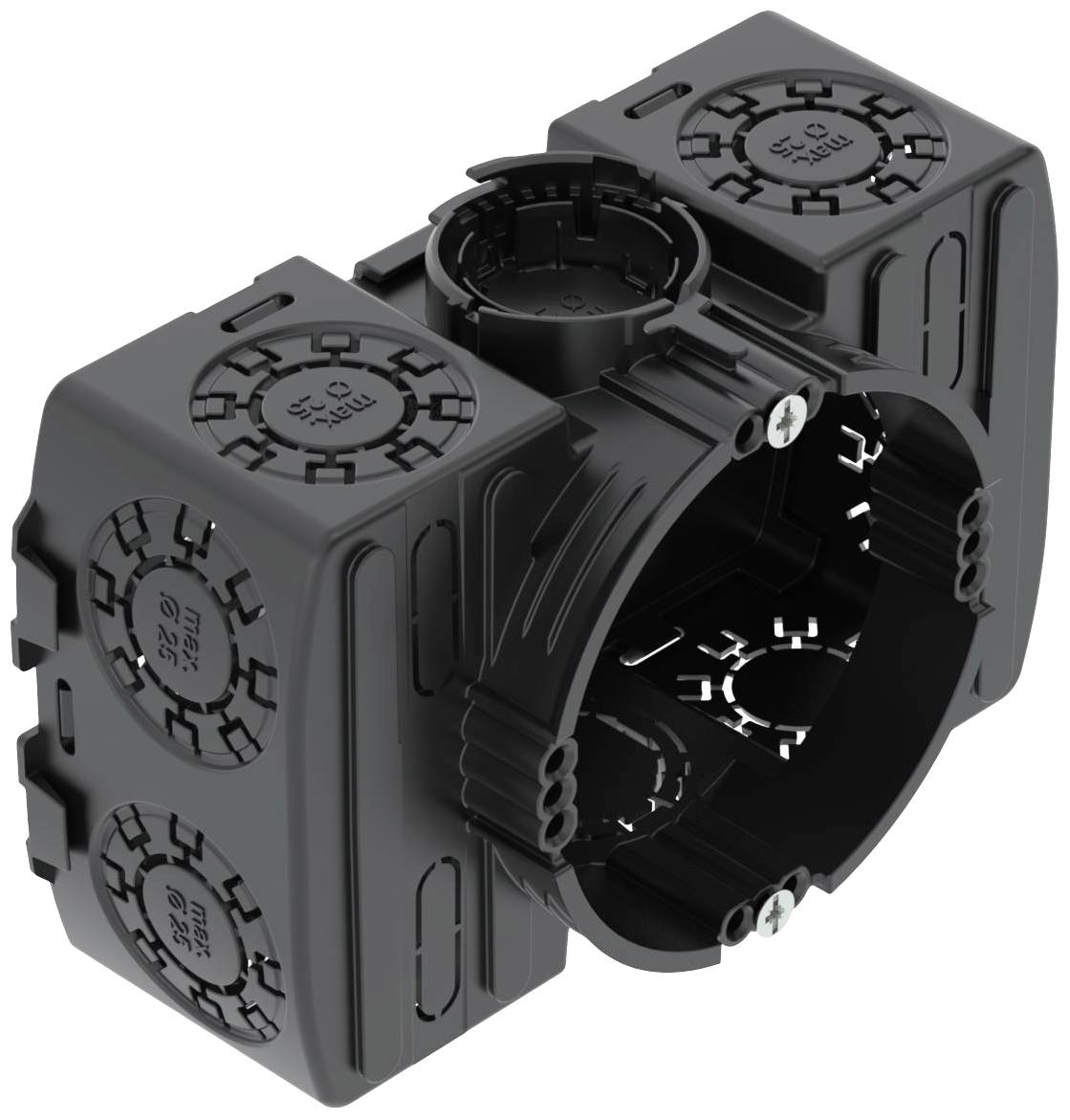 Black plastic component with multiple round openings and screw holes, potentially part of a pipe or cable system.
