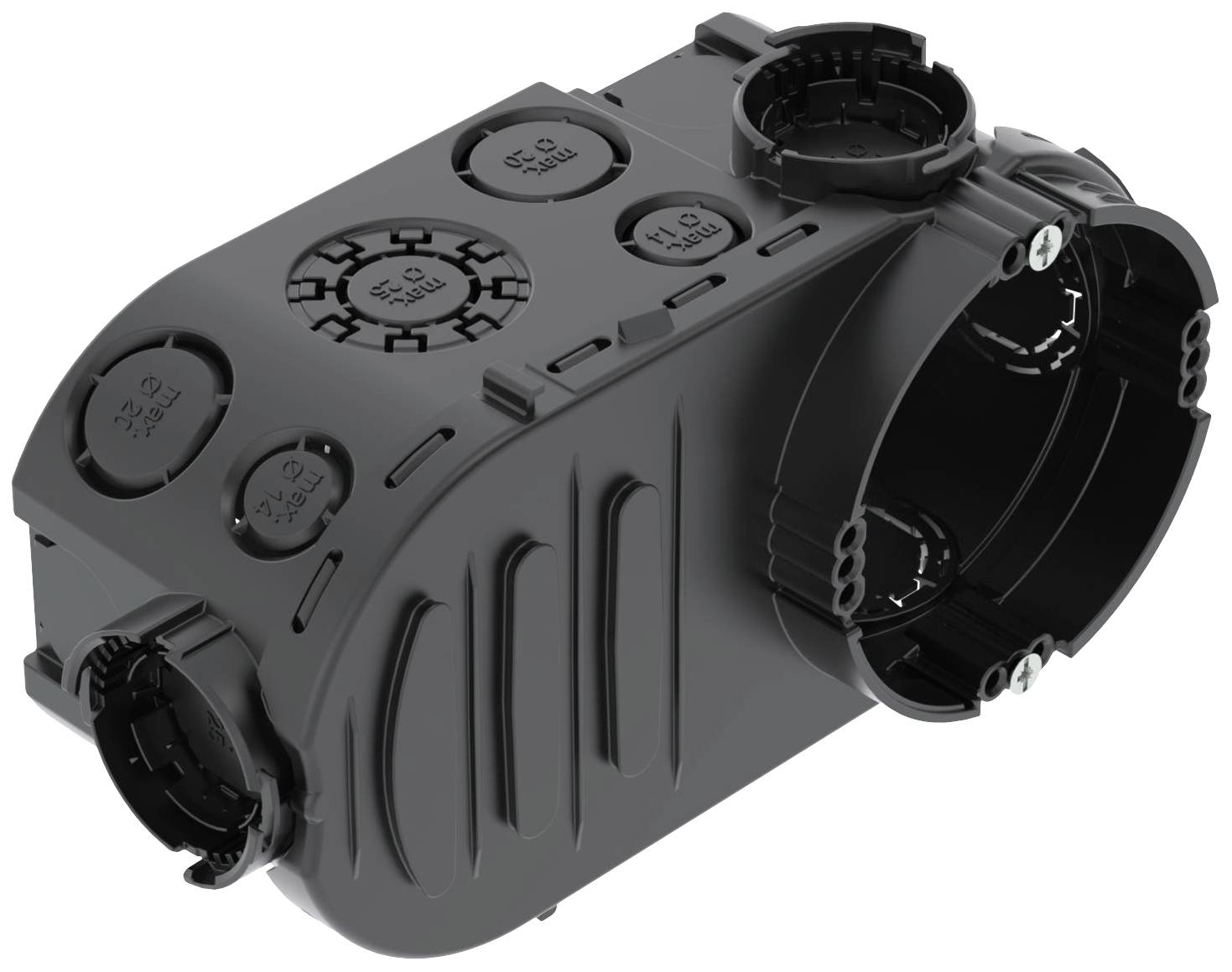 A black plastic power distributor with multiple round connections and screw fastenings, suitable for cable management.